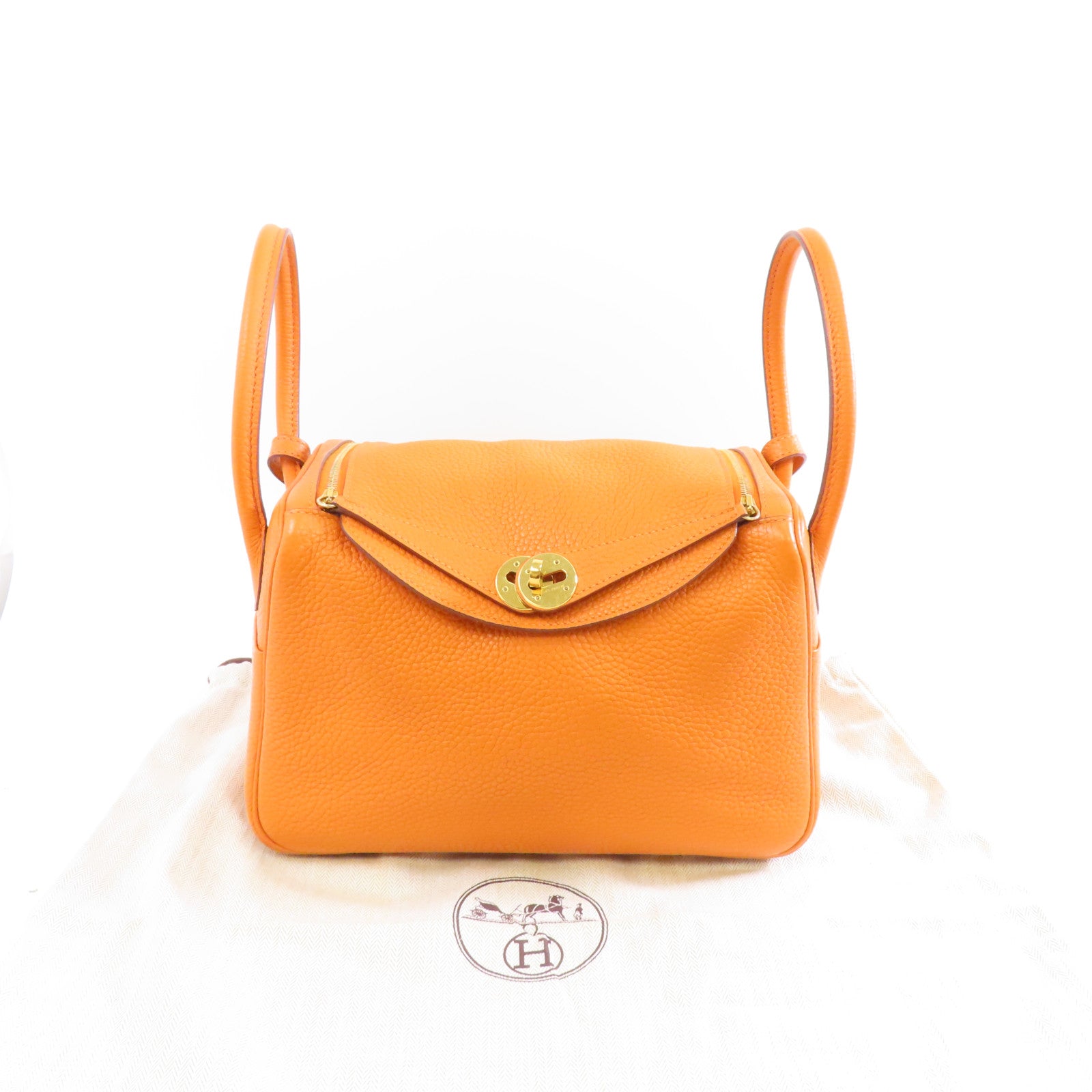 HERMES 【激減優惠】Clemence皮革Lindy 26金扣手挽肩背兩用袋Orange/橙色