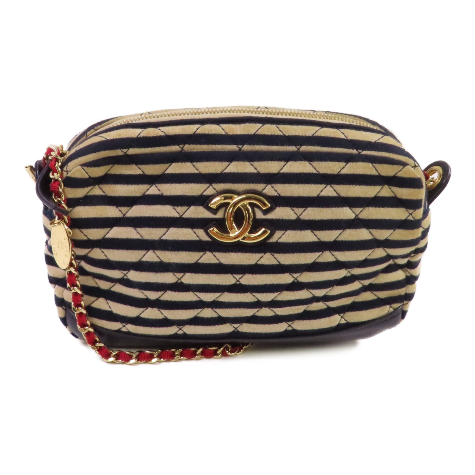 CHANEL 帆布Chain Shoulder Bag金扣鏈帶肩背袋杏色/寶藍色