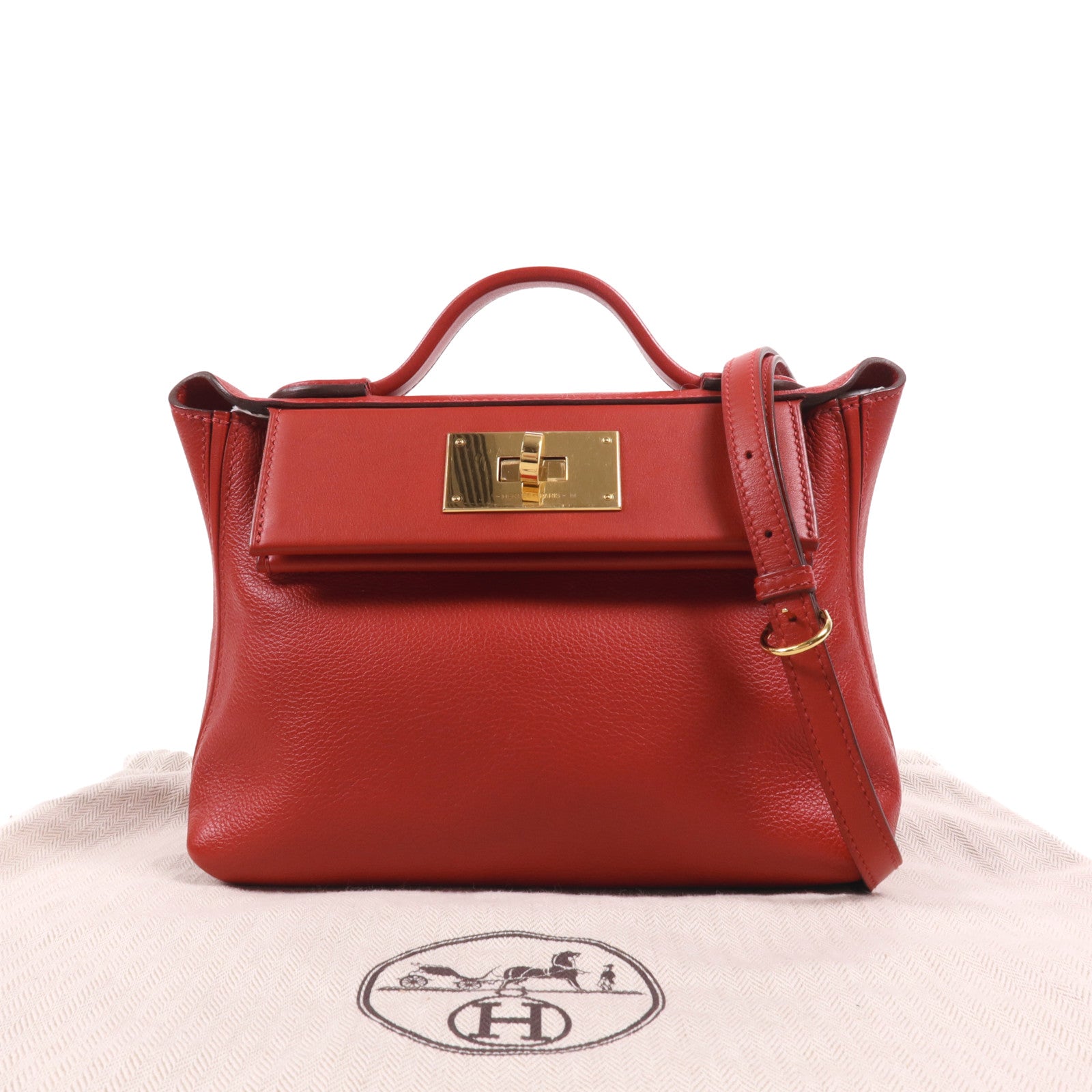 HERMES Evercolor皮革24/24 Mini金扣手挽肩背兩用袋Rouge Piment