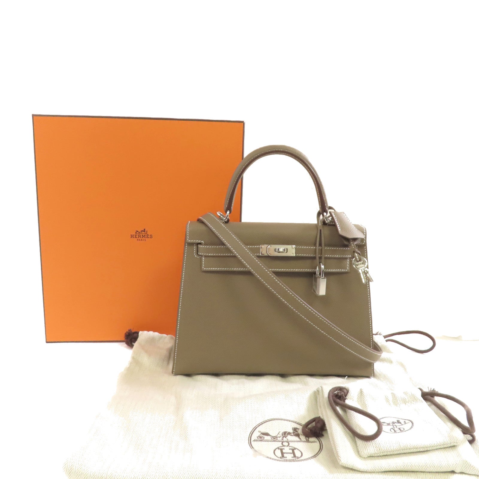 HERMES Epsom皮革Kelly 25 2Way Hand Bag銀扣手挽肩背兩用袋Etoupe/大象灰色