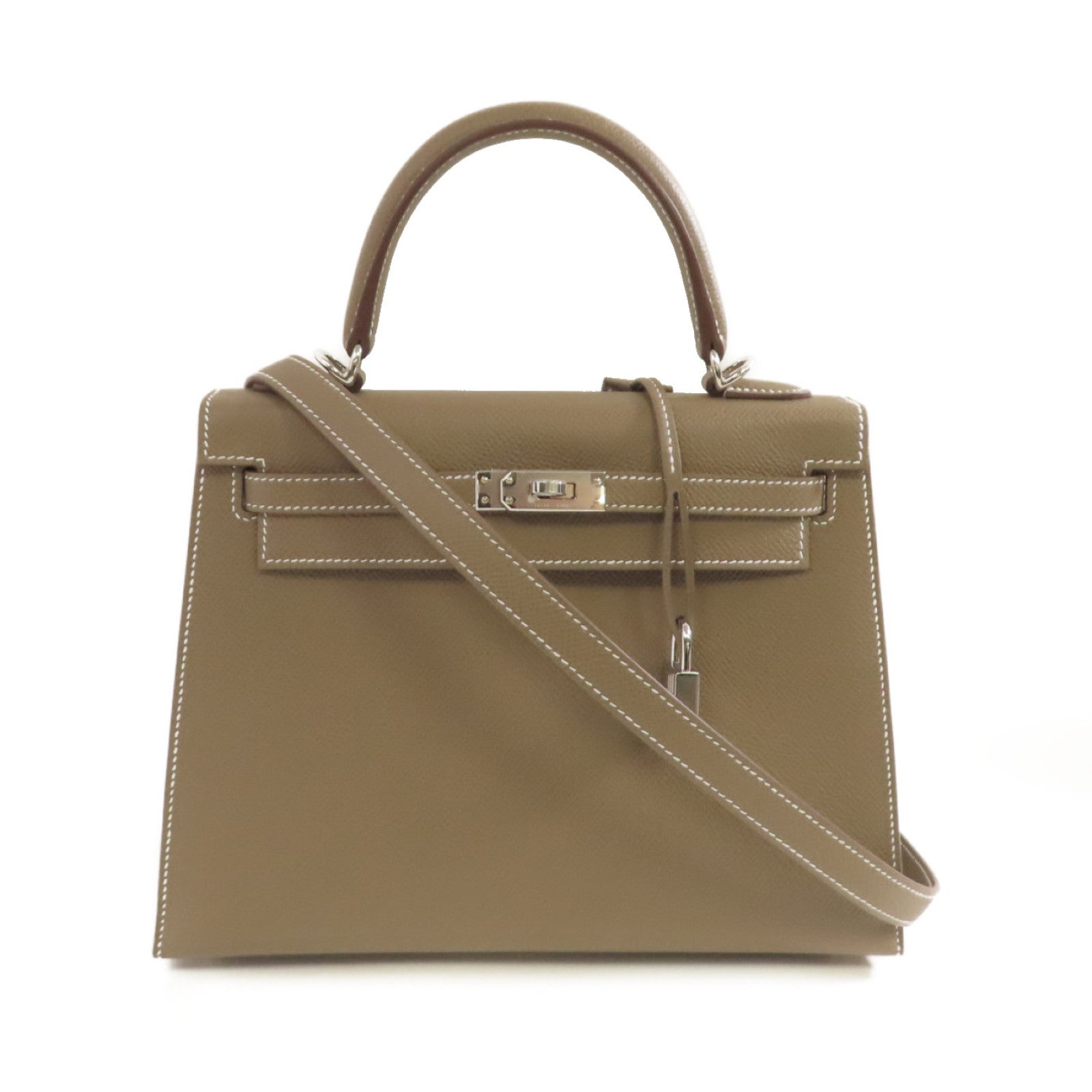 HERMES Epsom皮革Kelly 25 2Way Hand Bag銀扣手挽肩背兩用袋Etoupe/大象灰色