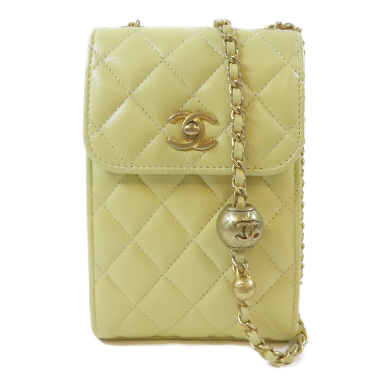 CHANEL 菱格羊皮皮革Phone Holder Shoulder Bag金扣鏈帶肩背袋黃色