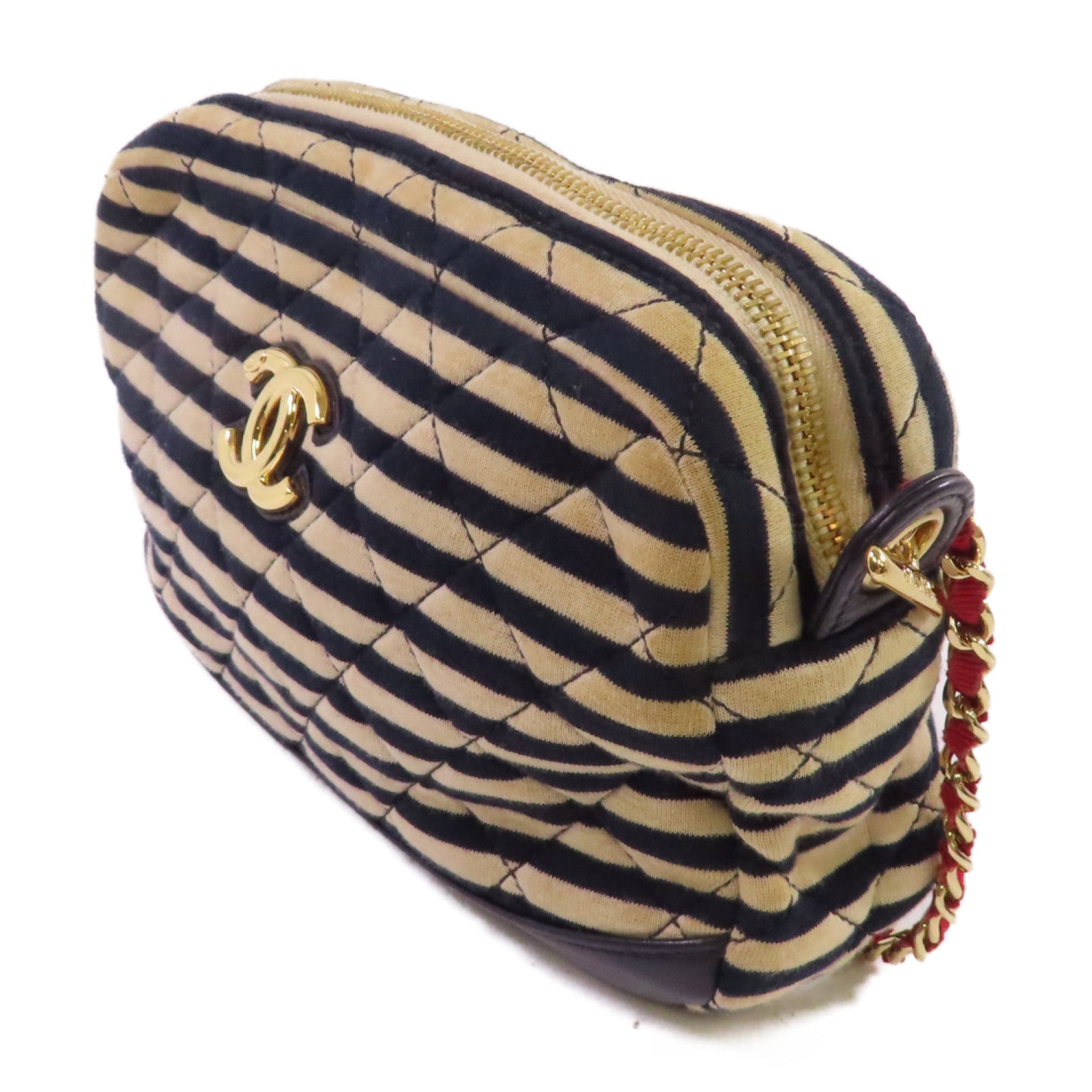 CHANEL 帆布Chain Shoulder Bag金扣鏈帶肩背袋杏色/寶藍色