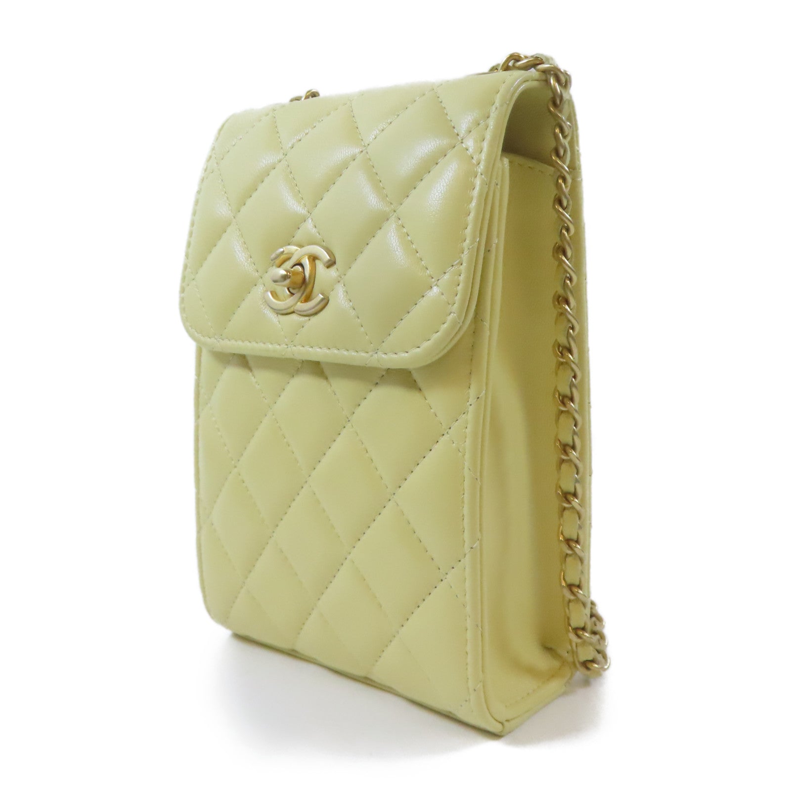 CHANEL 菱格羊皮皮革Phone Holder Shoulder Bag金扣鏈帶肩背袋黃色