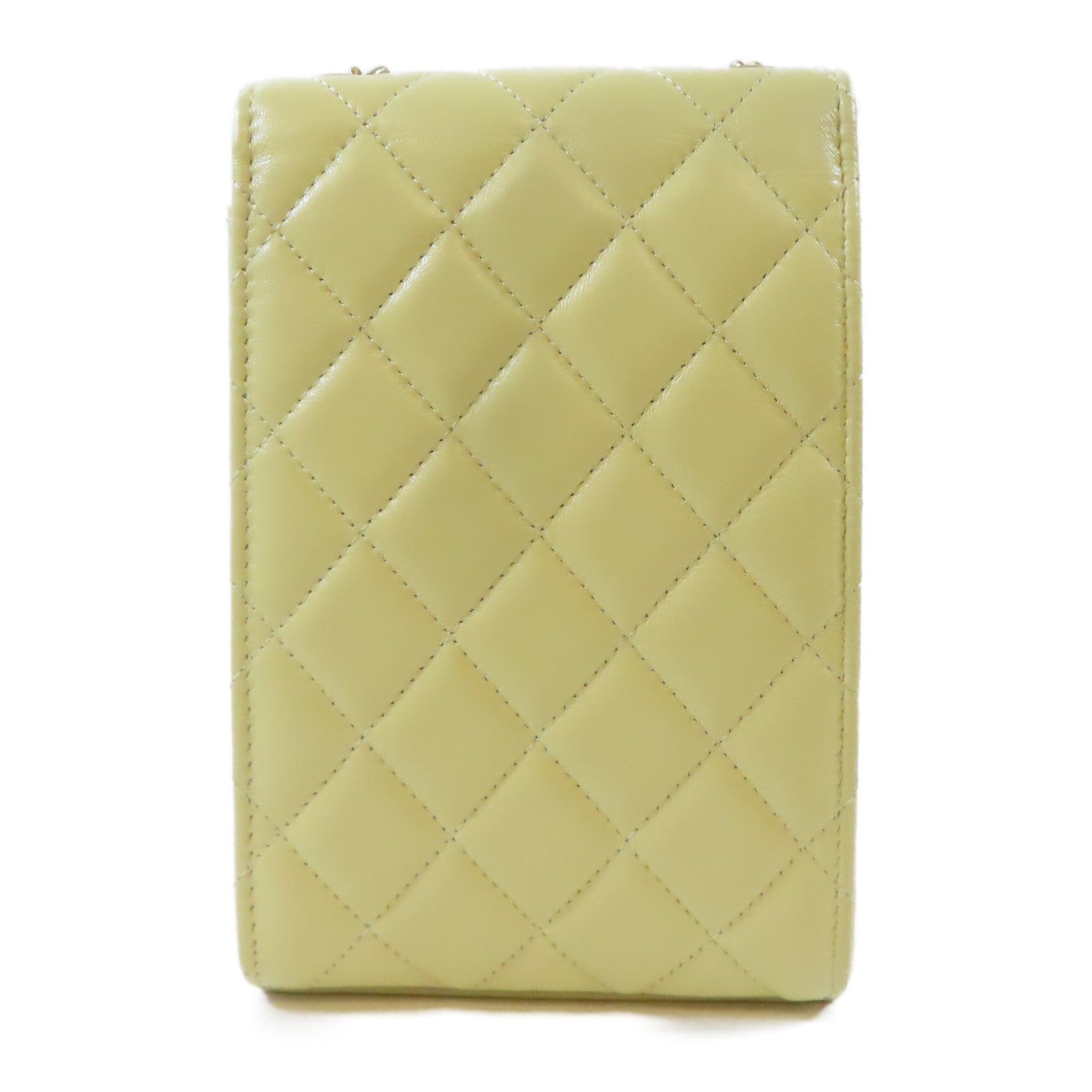 CHANEL 菱格羊皮皮革Phone Holder Shoulder Bag金扣鏈帶肩背袋黃色