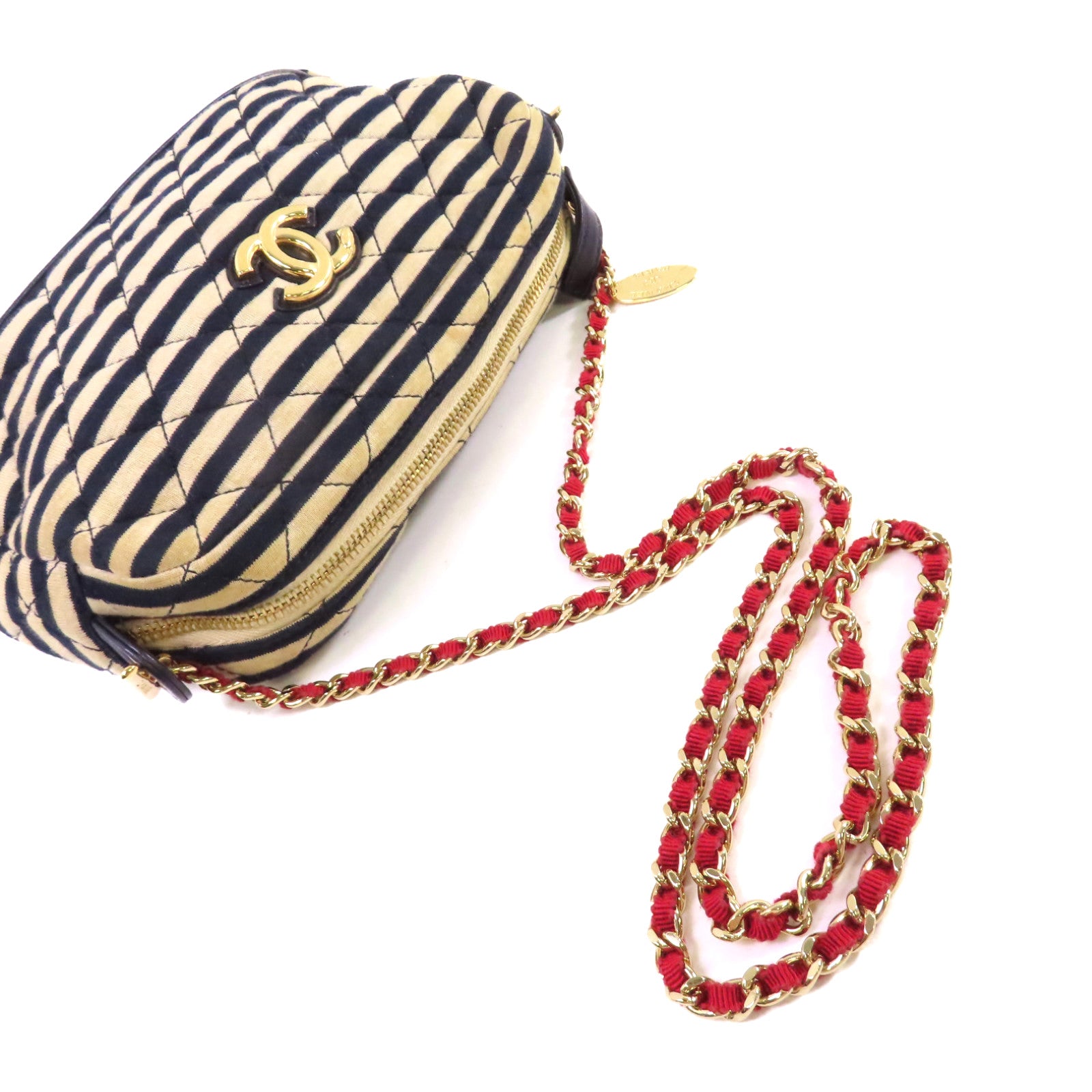 CHANEL 帆布Chain Shoulder Bag金扣鏈帶肩背袋杏色/寶藍色