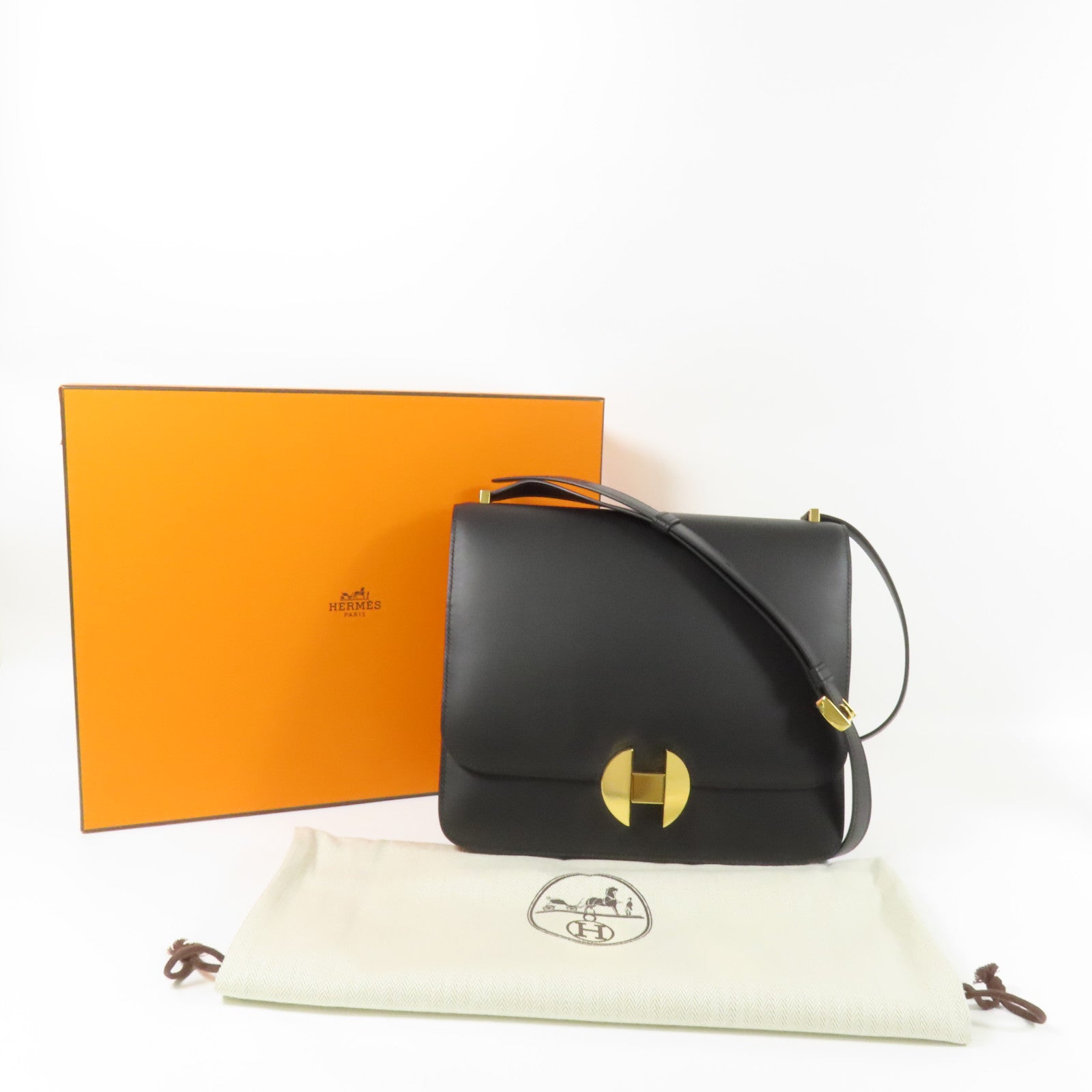 HERMES Box Calf皮革2002 26金扣肩背袋Noir