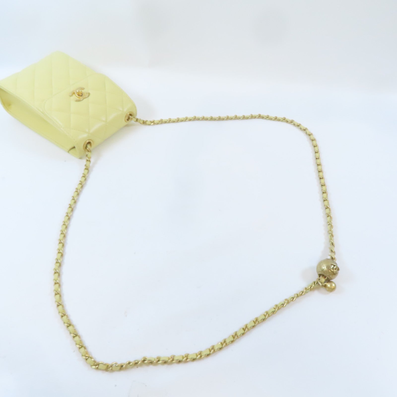 CHANEL 菱格羊皮皮革Phone Holder Shoulder Bag金扣鏈帶肩背袋黃色