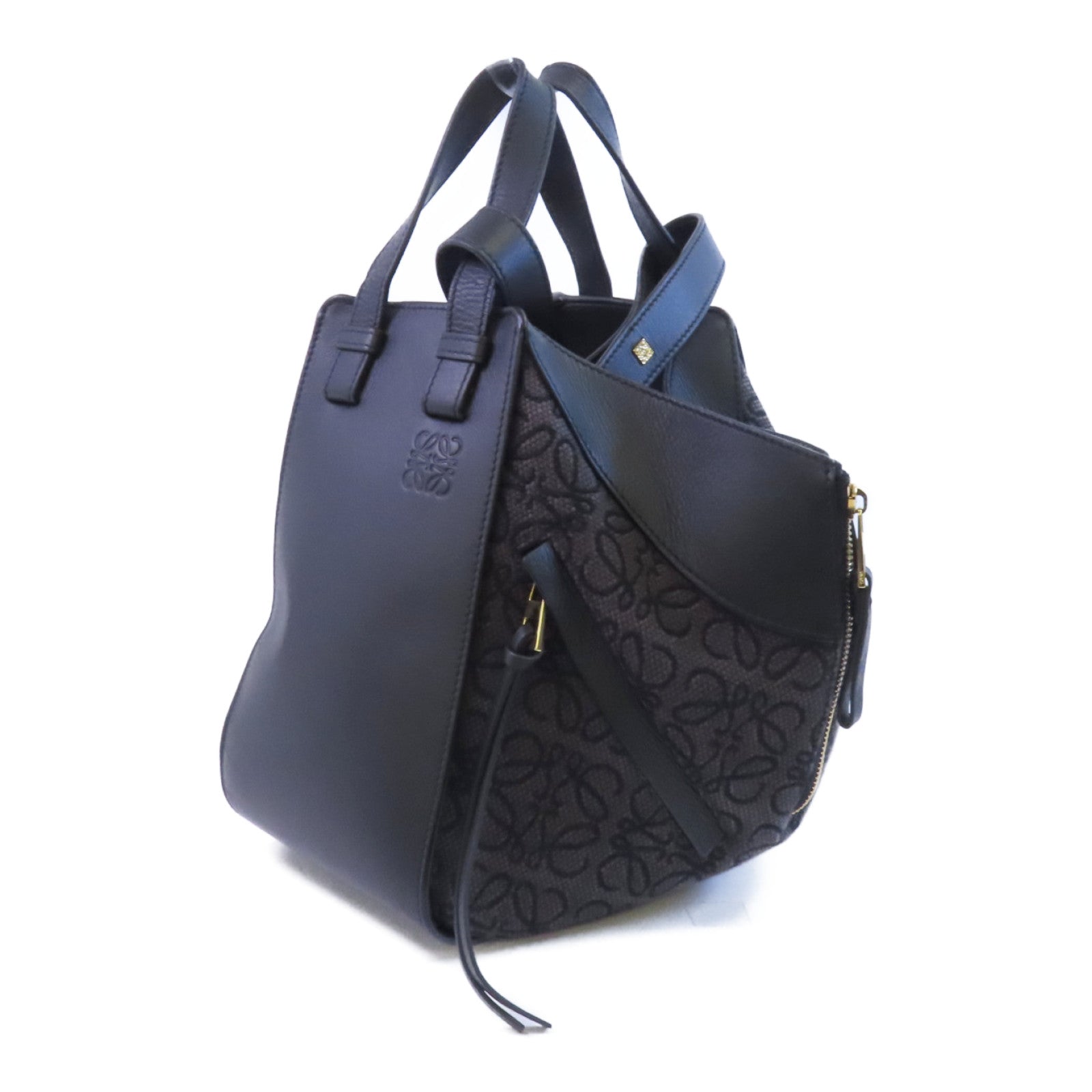 LOEWE 帆布/牛皮皮革Hammock Medium金扣手挽肩背兩用袋