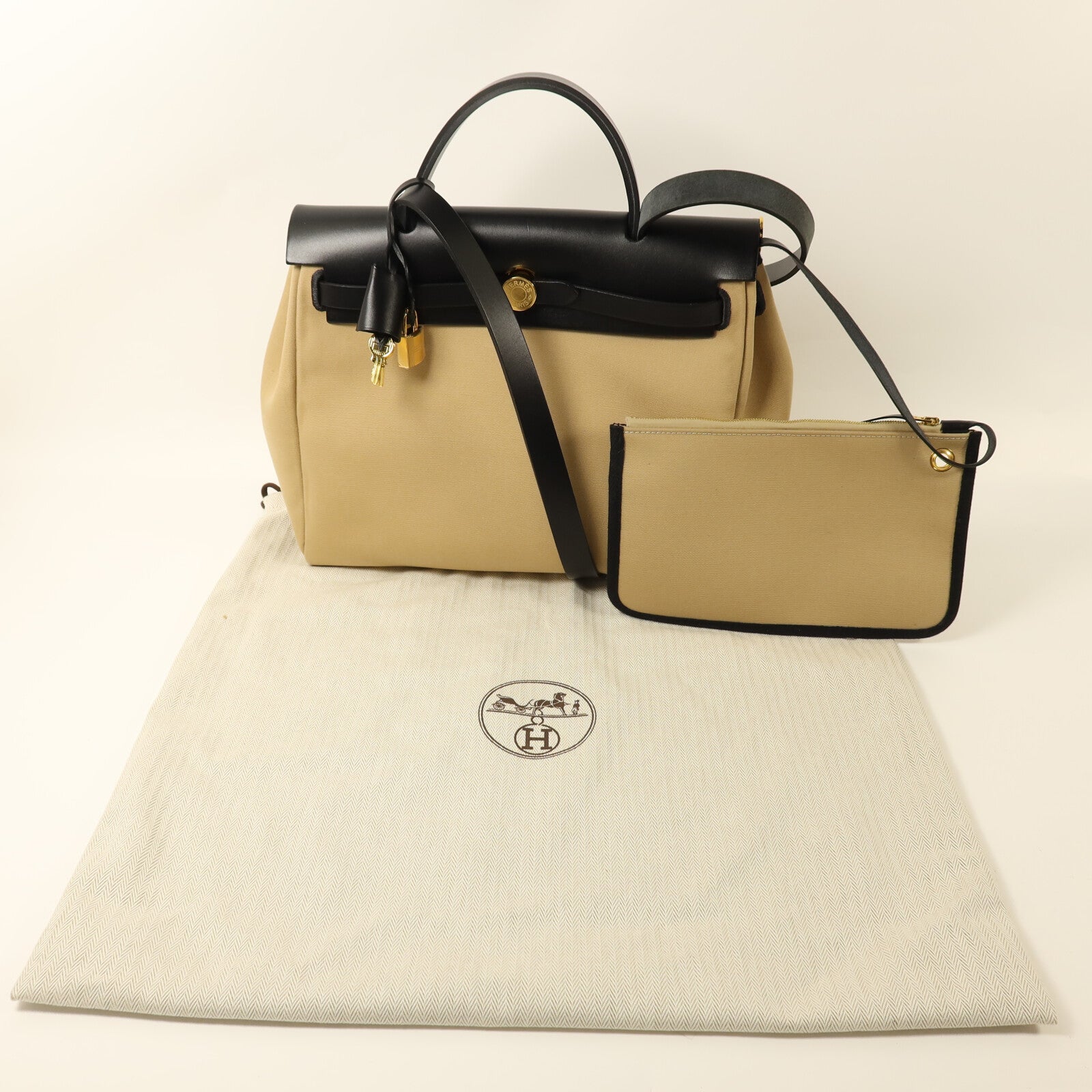 HERMES 帆布Herbag PM手挽肩背兩用袋Trench/Noir