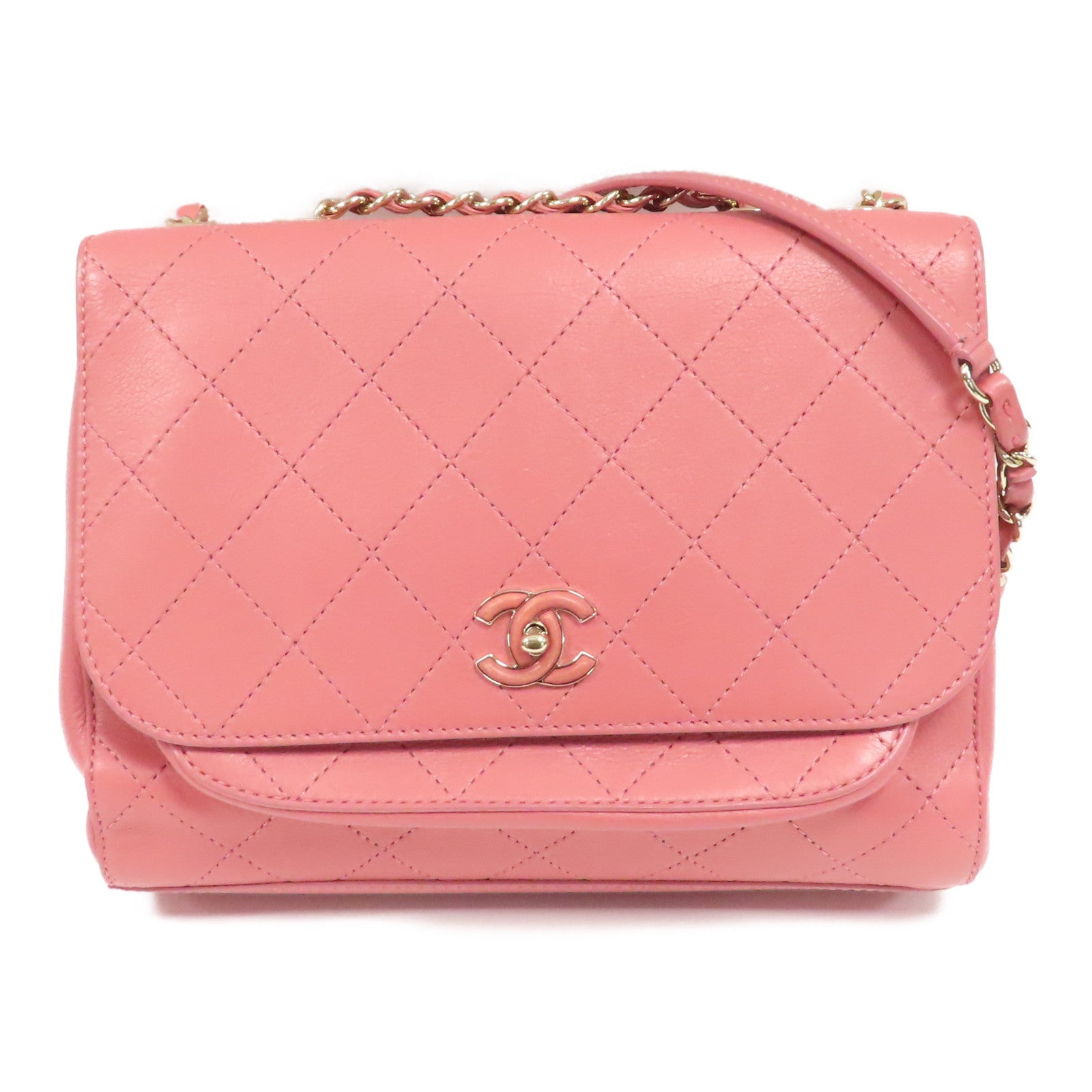 CHANEL 【激減優惠】菱格牛皮皮革Chain Shoulder金扣鏈帶肩背袋粉紅色