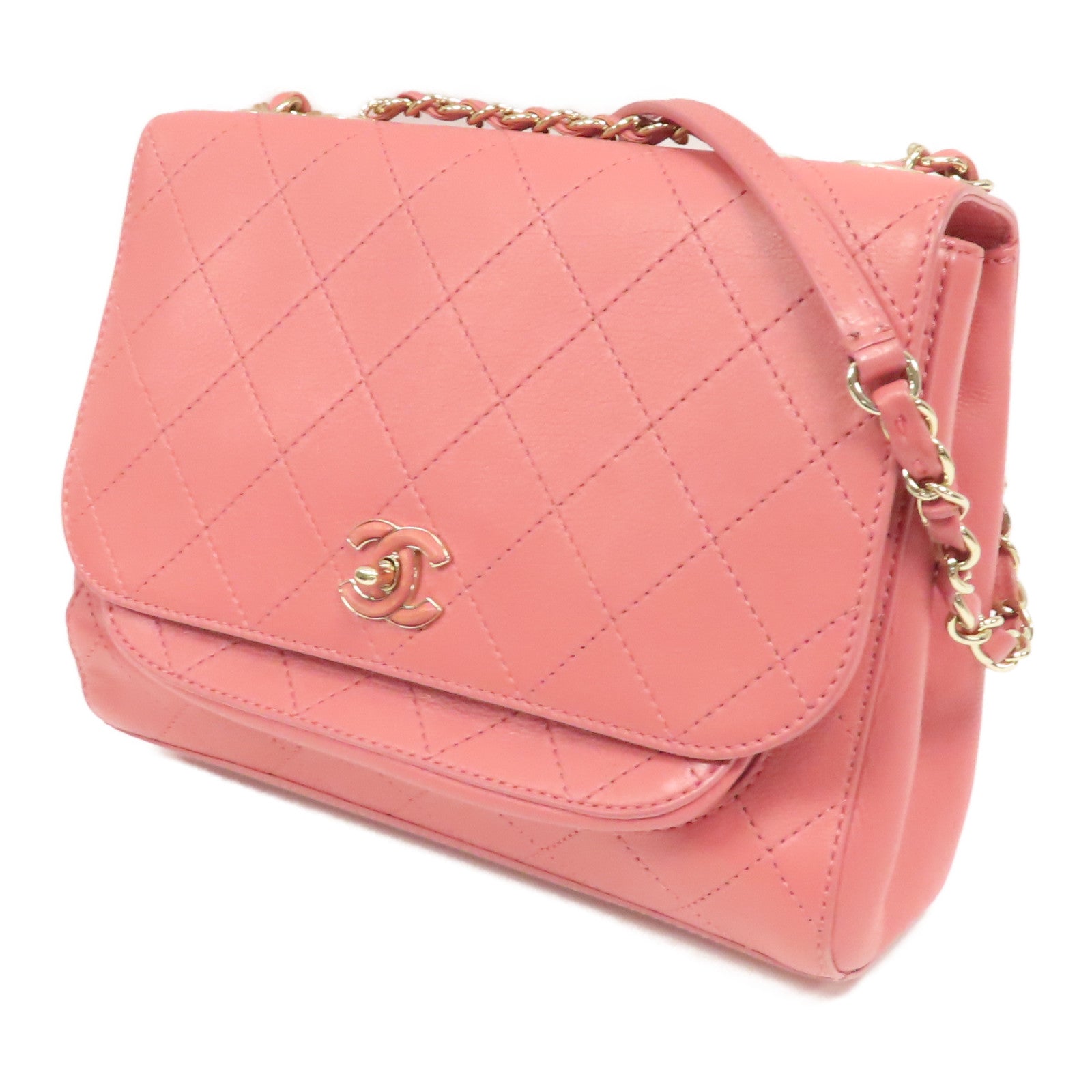 CHANEL 【激減優惠】菱格牛皮皮革Chain Shoulder金扣鏈帶肩背袋粉紅色