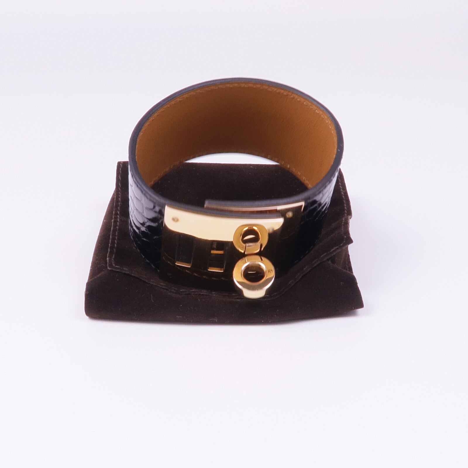 HERMES Alligator皮革Kelly Dog Bracelet金扣手帶Noir