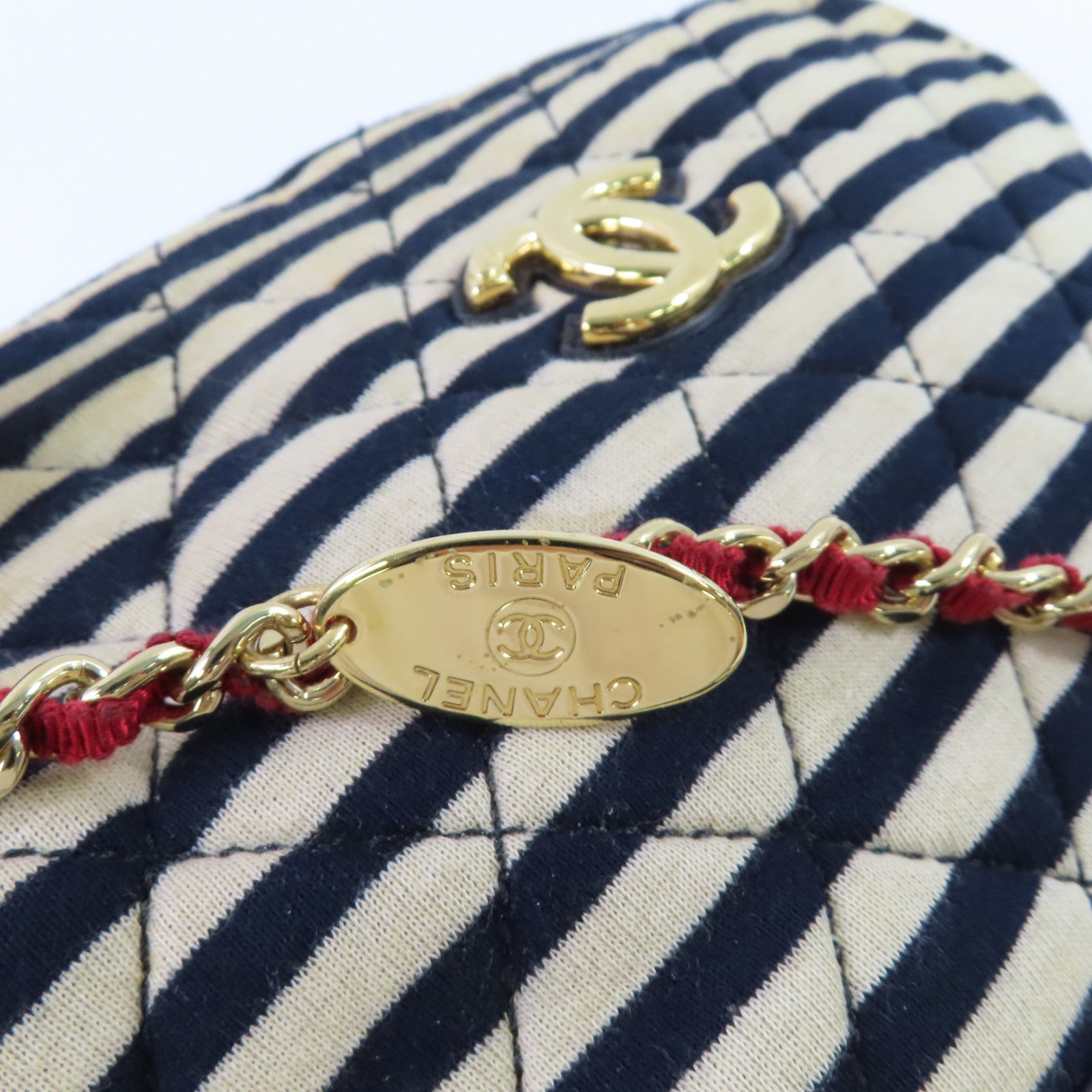 CHANEL 帆布Chain Shoulder Bag金扣鏈帶肩背袋杏色/寶藍色