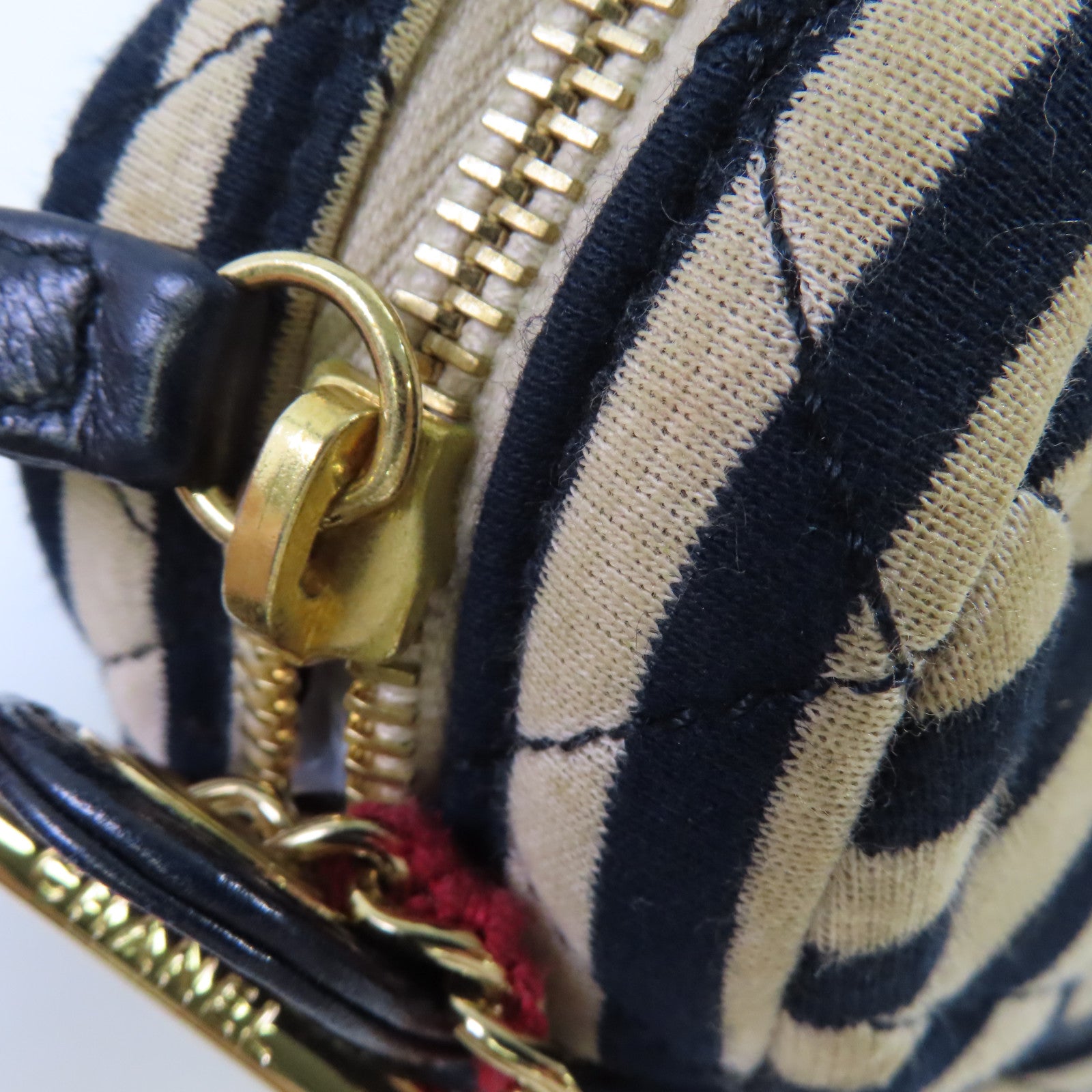 CHANEL 帆布Chain Shoulder Bag金扣鏈帶肩背袋杏色/寶藍色