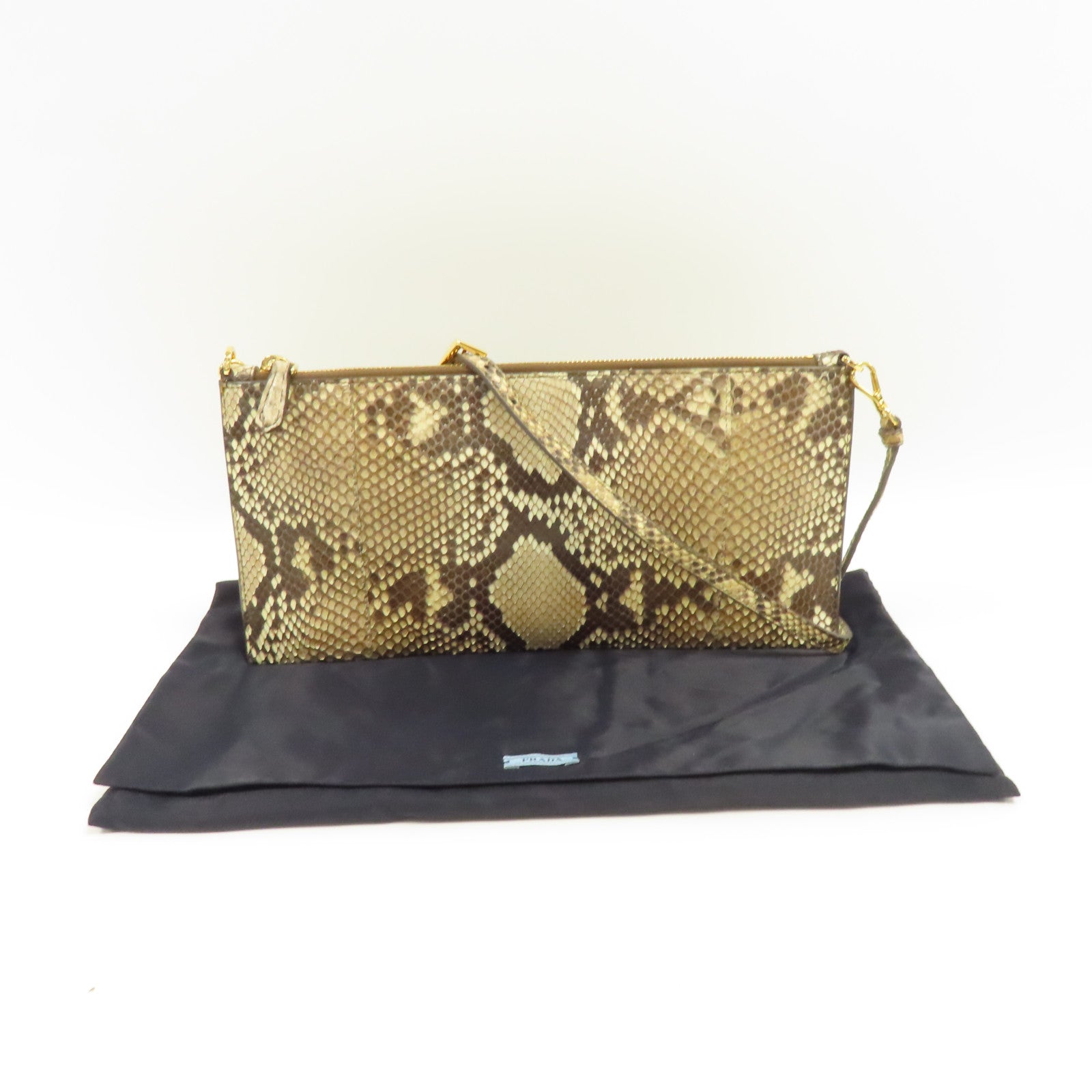PRADA 蛇皮皮革Pouch Shoulder金扣肩背袋棕色