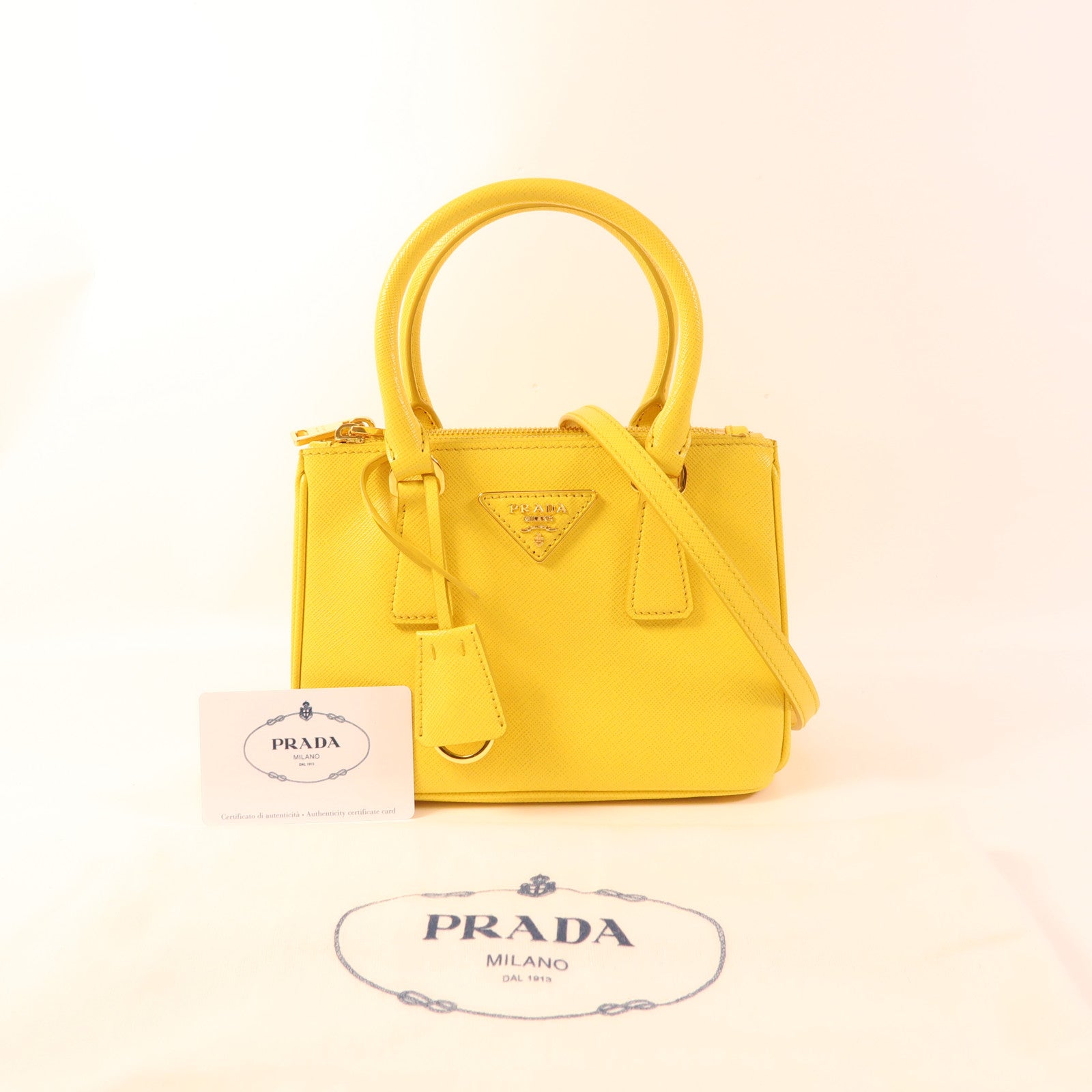 PRADA GHW Galleria Nano 2 Way Shoulder Bag Saffiano Leather Yellow