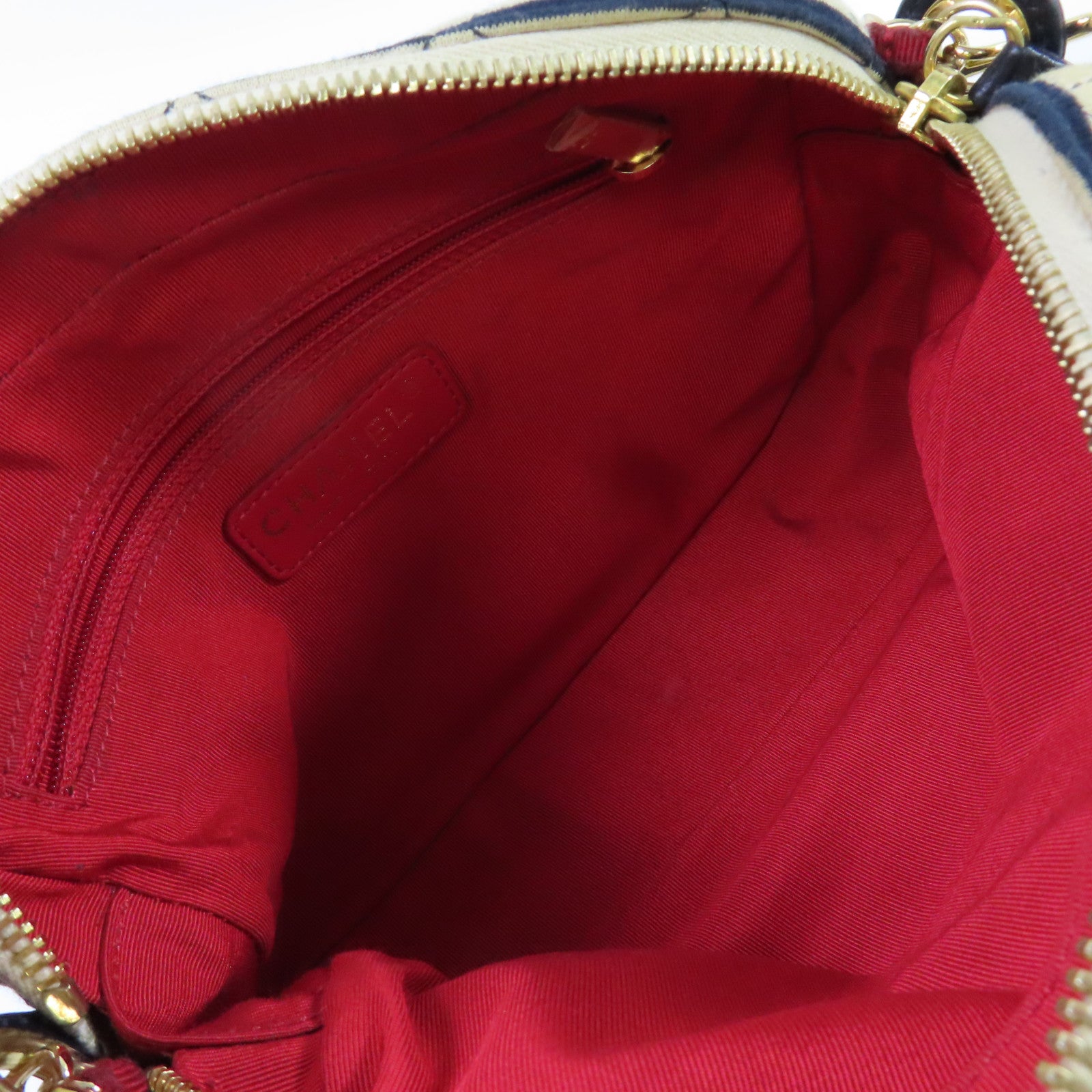 CHANEL 帆布Chain Shoulder Bag金扣鏈帶肩背袋杏色/寶藍色