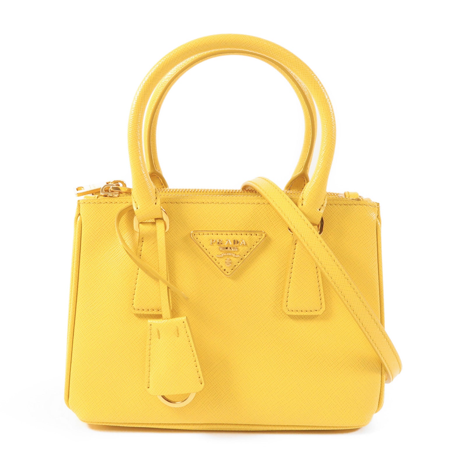PRADA GHW Galleria Nano 2 Way Shoulder Bag Saffiano Leather Yellow