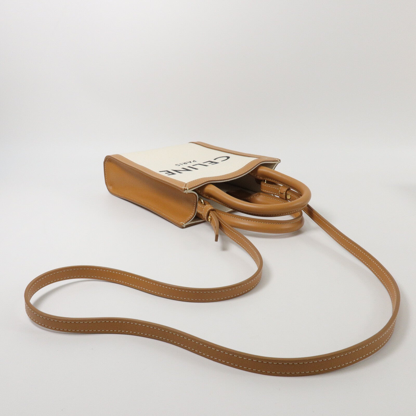 CELINE 帆布/牛皮皮革Mini Cabas Vertical手挽肩背兩用袋