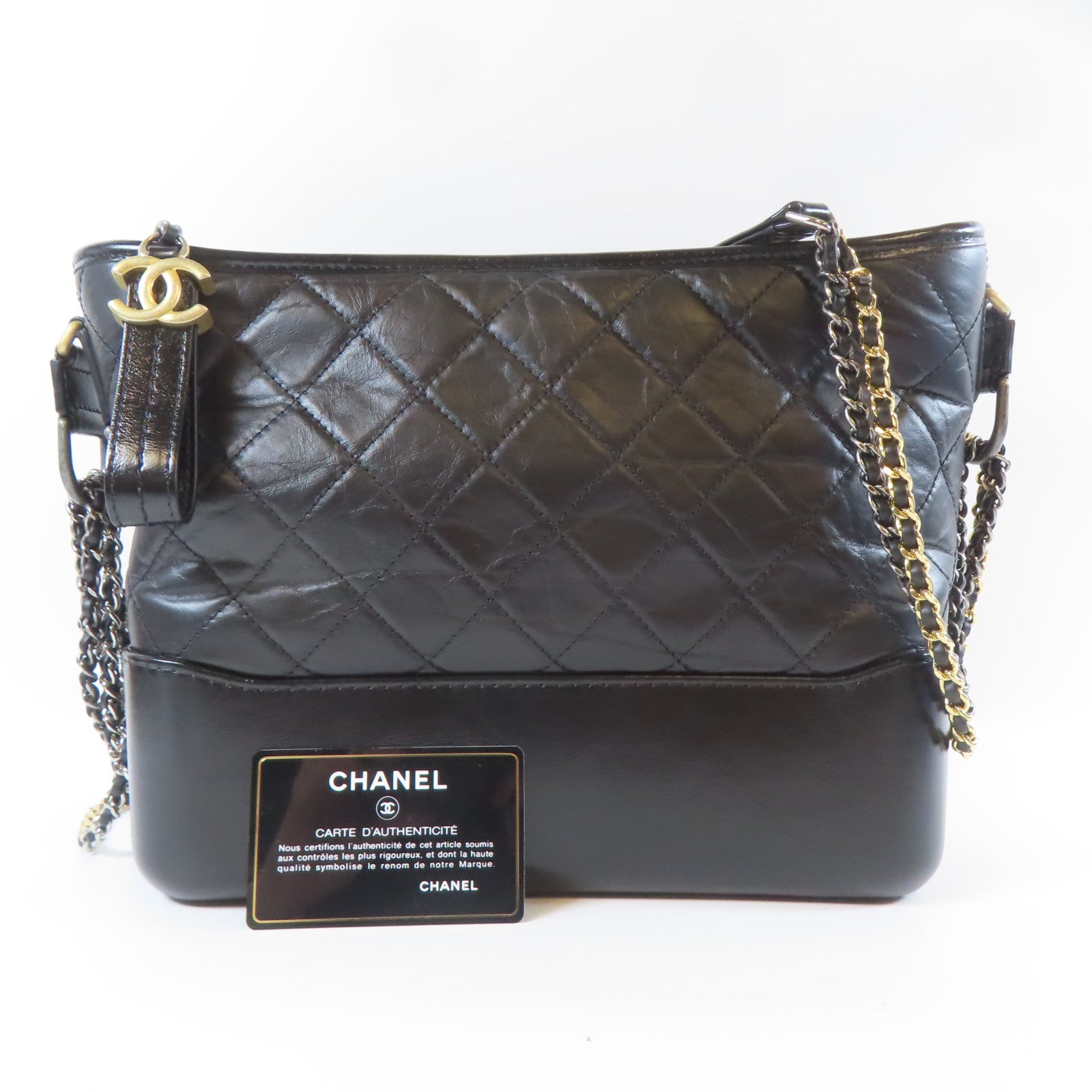 CHANEL 【清倉大減價】菱格牛皮皮革Gabrielle銀扣肩背袋黑色
