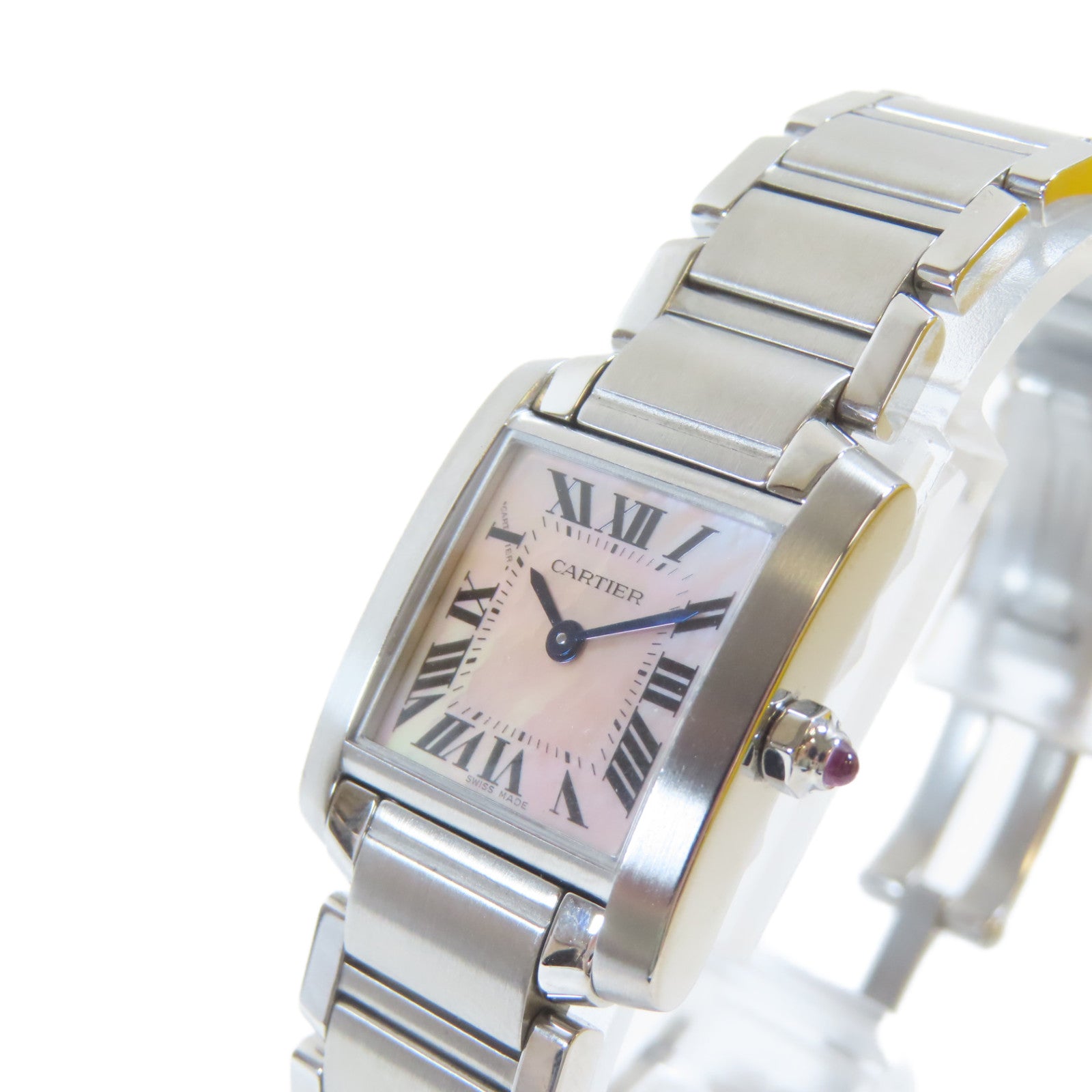 CARTIER Tank Française不鏽鋼手錶石英機芯粉紅色