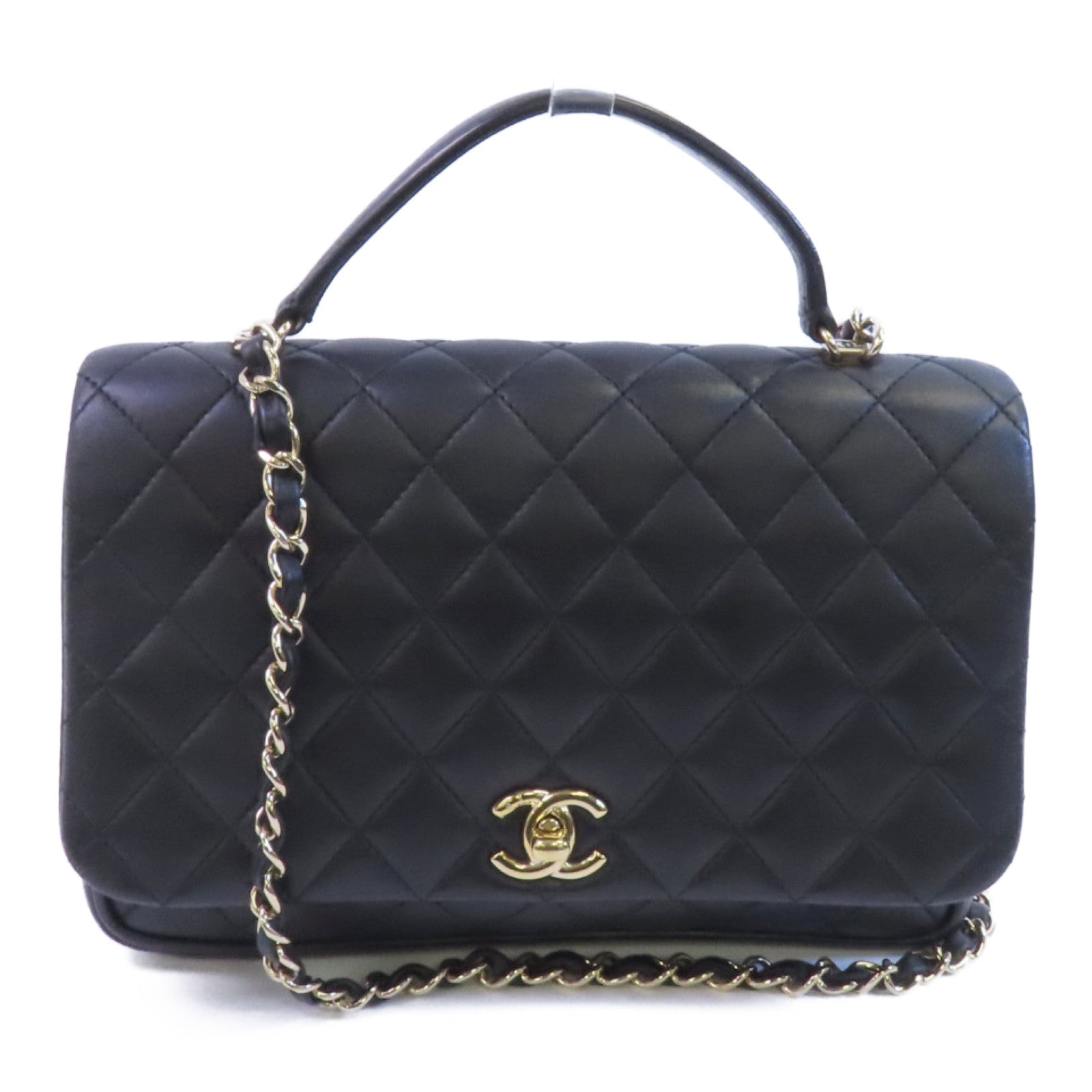 CHANEL 牛皮皮革2Way Shoulder金扣鏈帶手挽肩背兩用袋