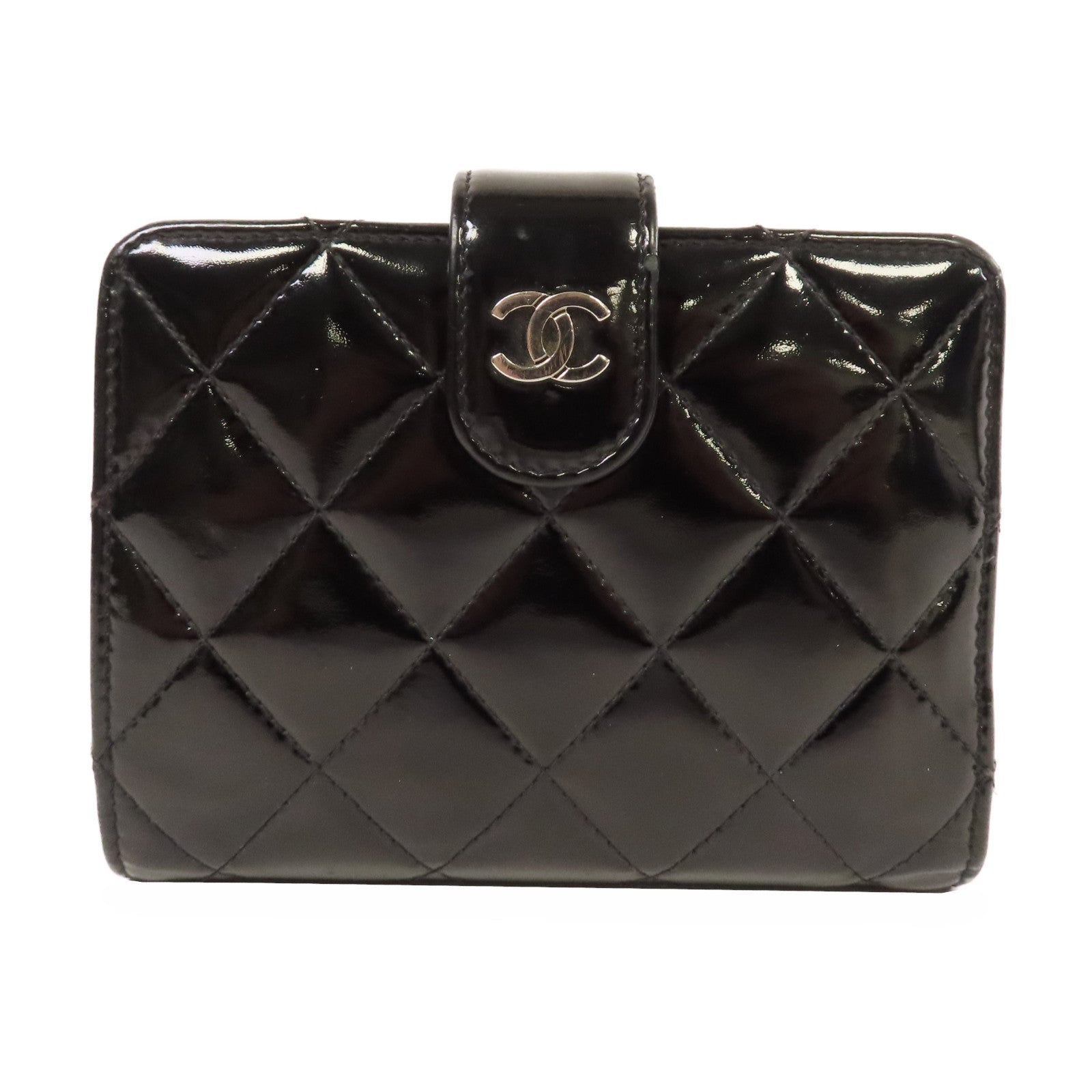 CHANEL 菱格Enamel Wallet銀扣鈕扣錢包黑色