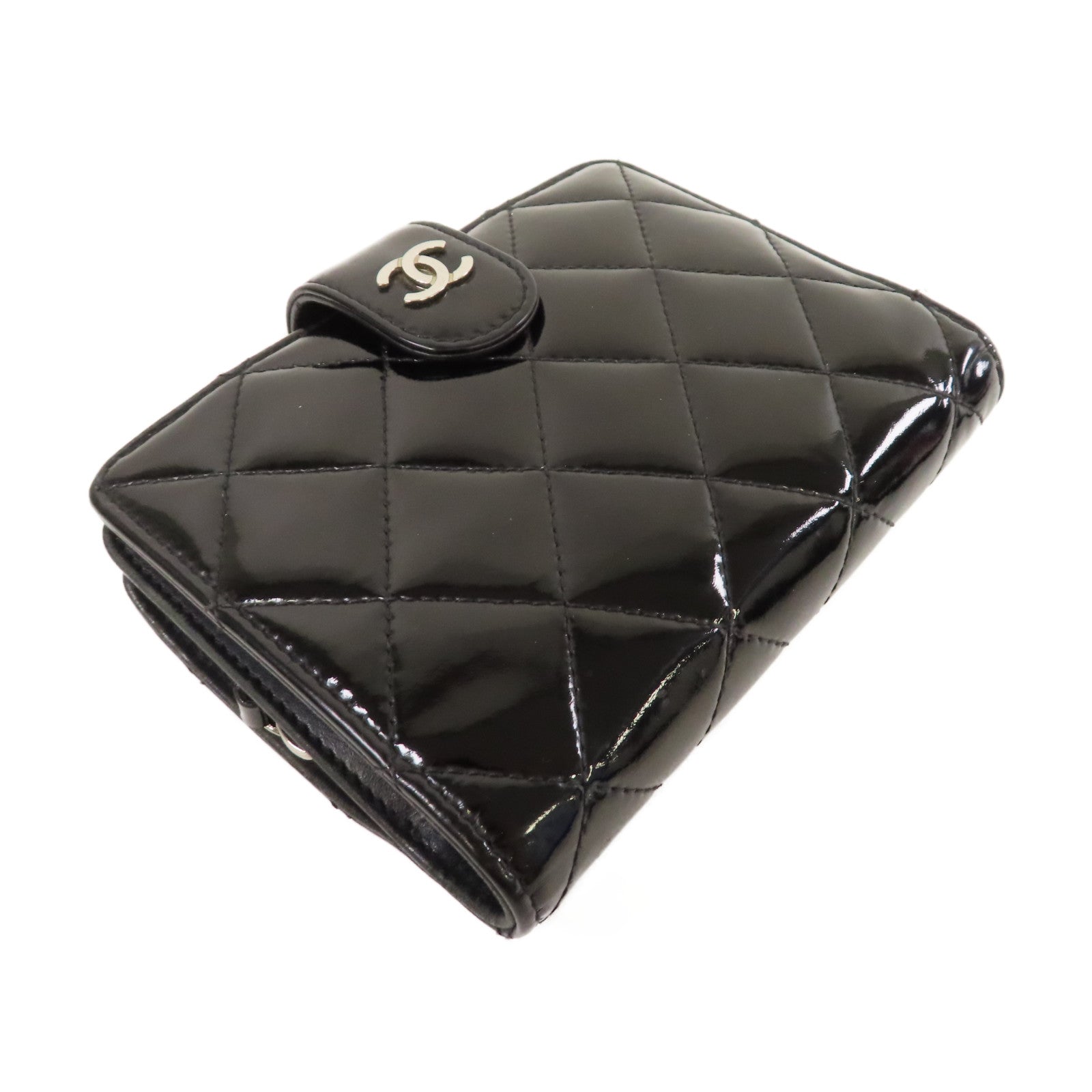 CHANEL 菱格Enamel Wallet銀扣鈕扣錢包黑色