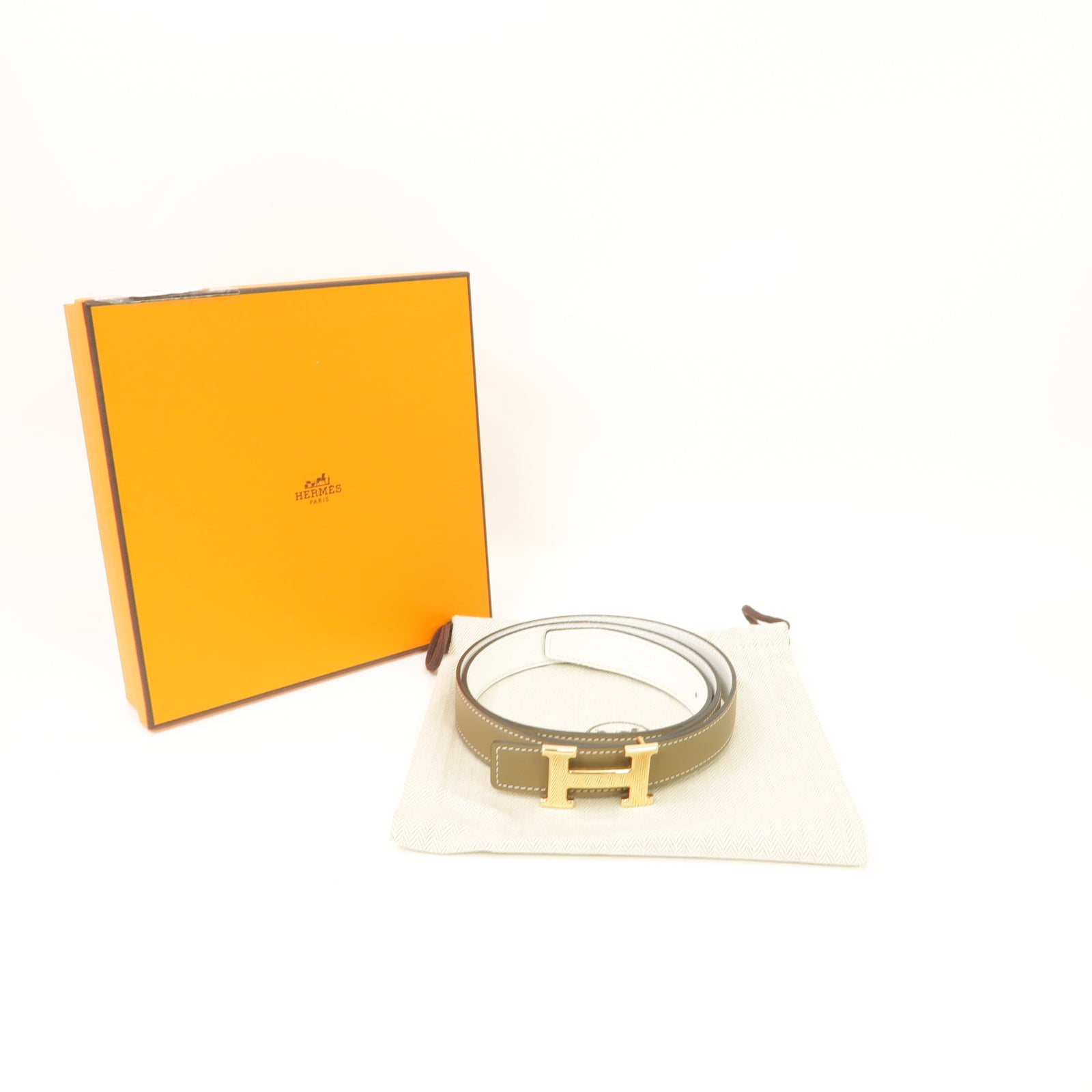 HERMES Swift皮革Mini Constance Belt Buckle & Reversible Leather Strap金扣皮帶Etoupe大象灰色/白色