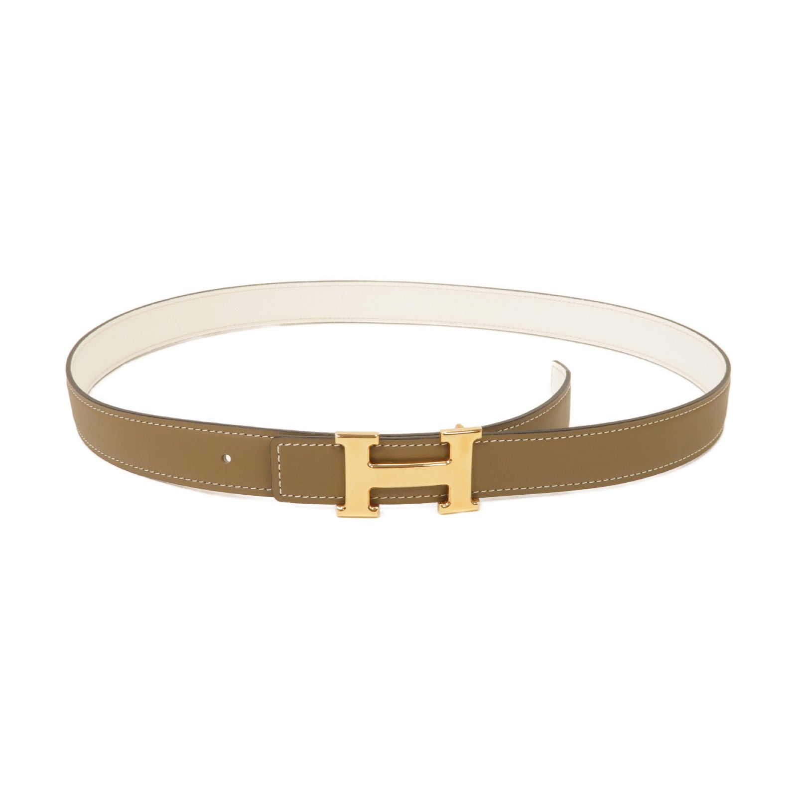 HERMES Swift皮革Mini Constance Belt Buckle & Reversible Leather Strap金扣皮帶Etoupe大象灰色/白色