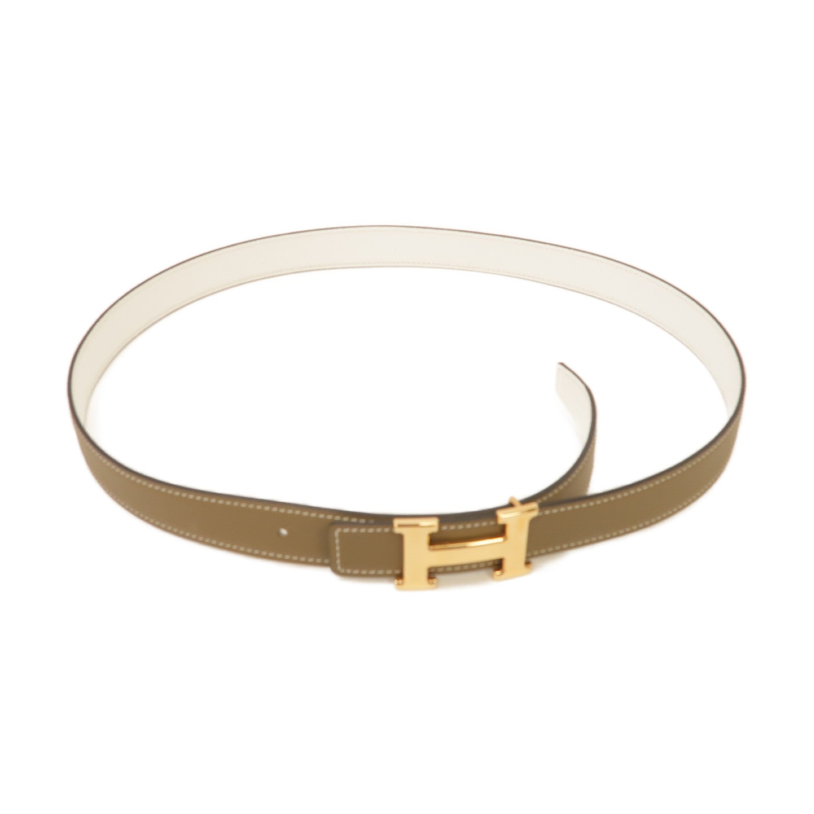 HERMES Swift皮革Mini Constance Belt Buckle & Reversible Leather Strap金扣皮帶Etoupe大象灰色/白色