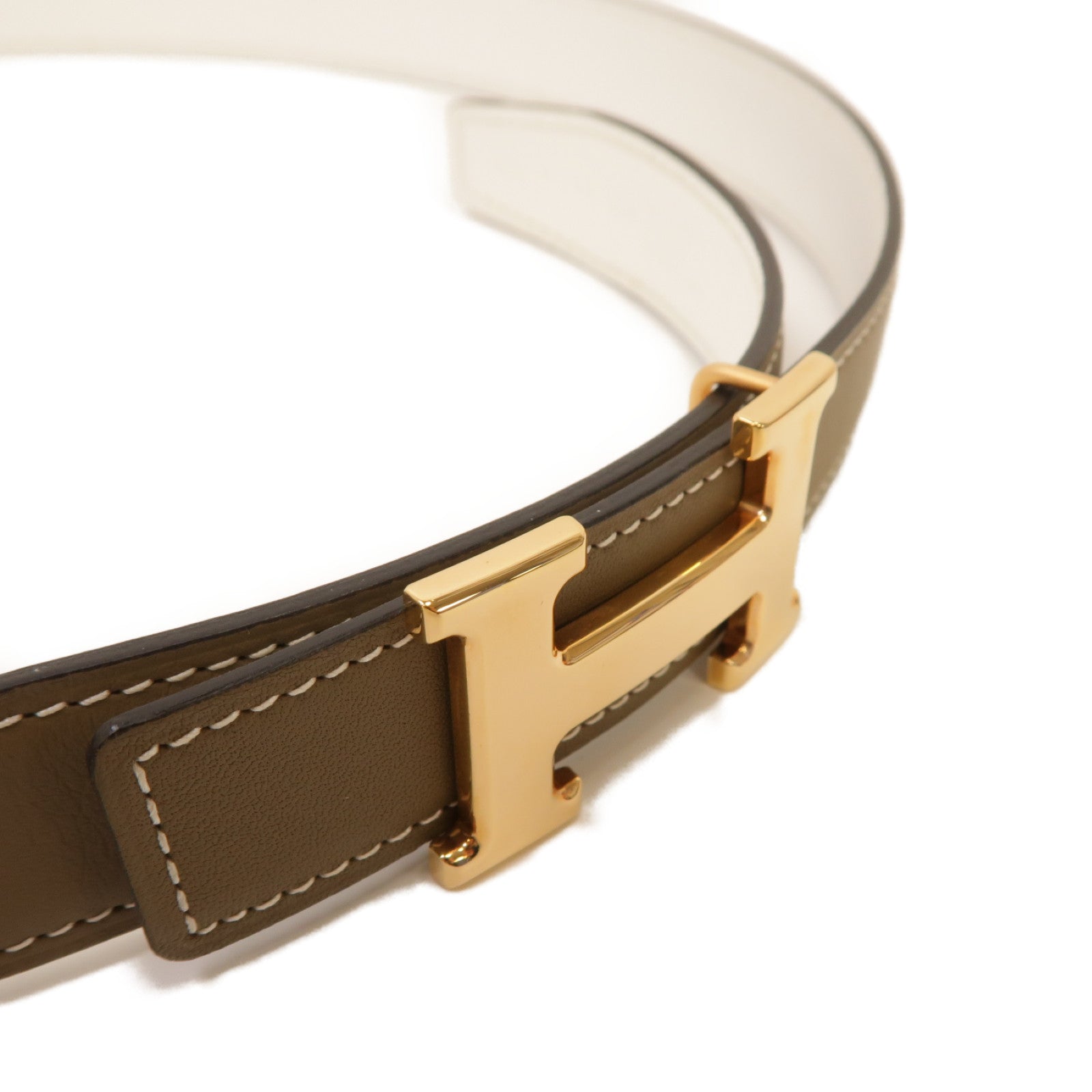 HERMES Swift皮革Mini Constance Belt Buckle & Reversible Leather Strap金扣皮帶Etoupe大象灰色/白色