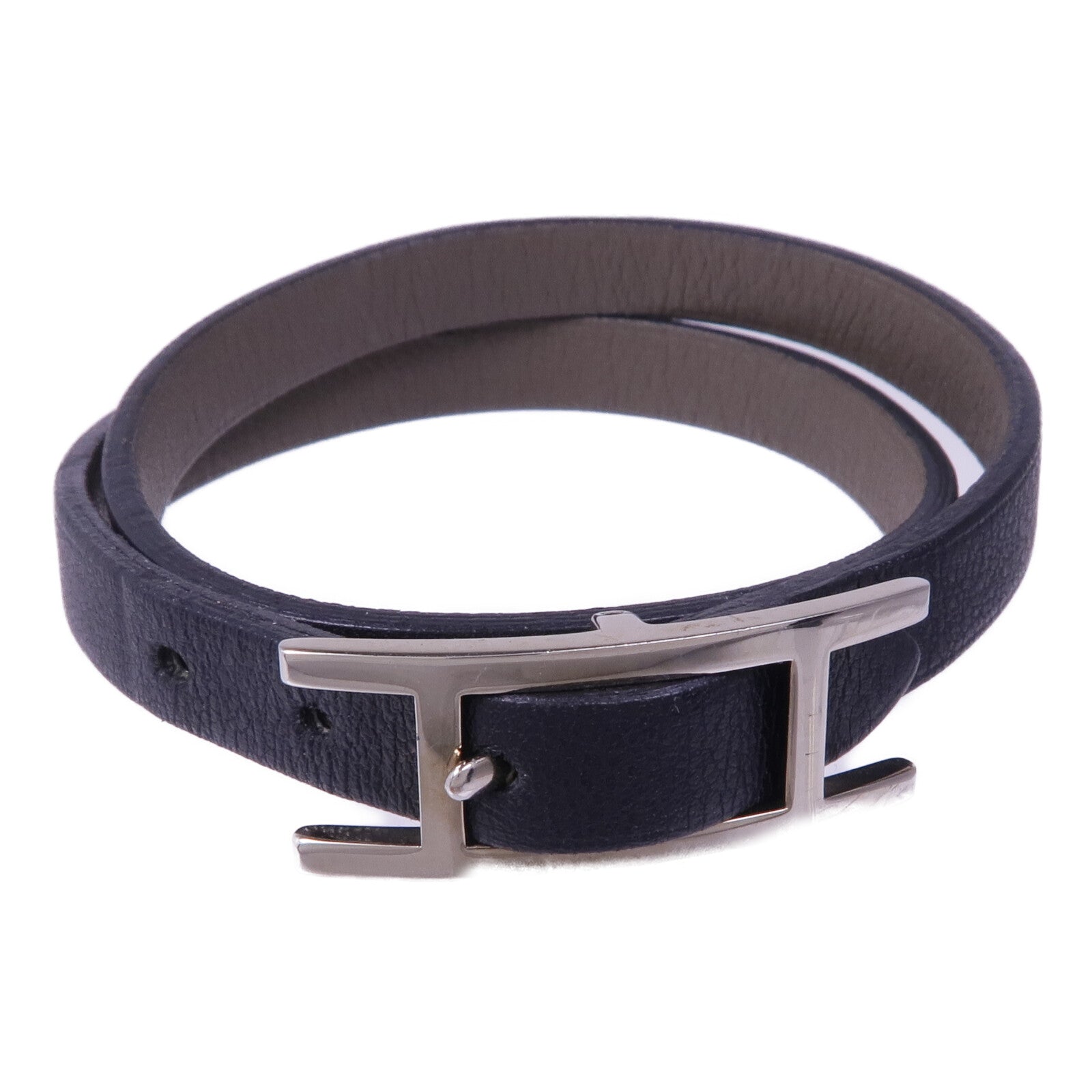 HERMES Swift皮革Behapi Double Tour銀扣手帶Noir/Gris Etain