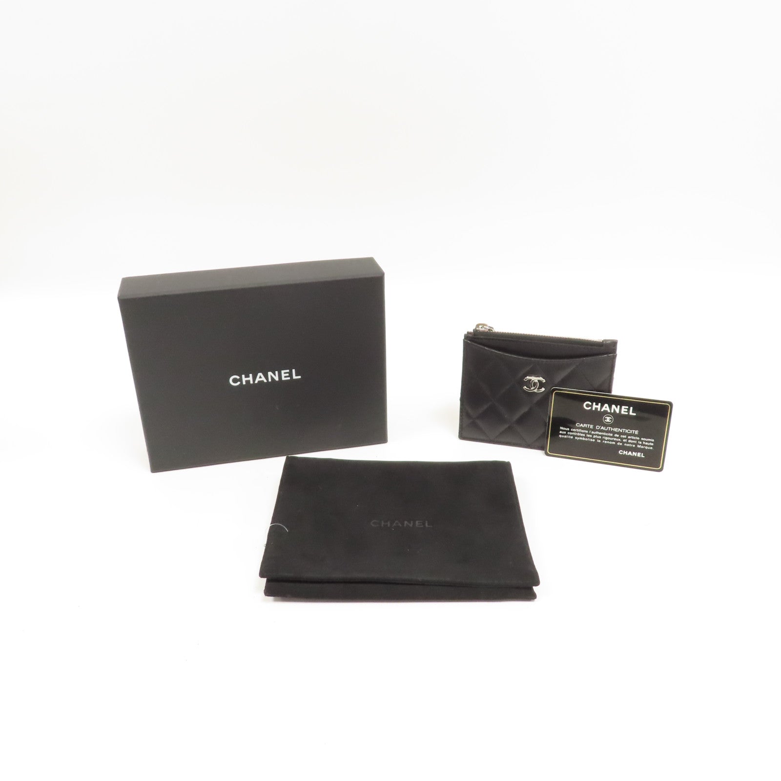 CHANEL 菱格羊皮皮革Card Case銀扣卡片套黑色