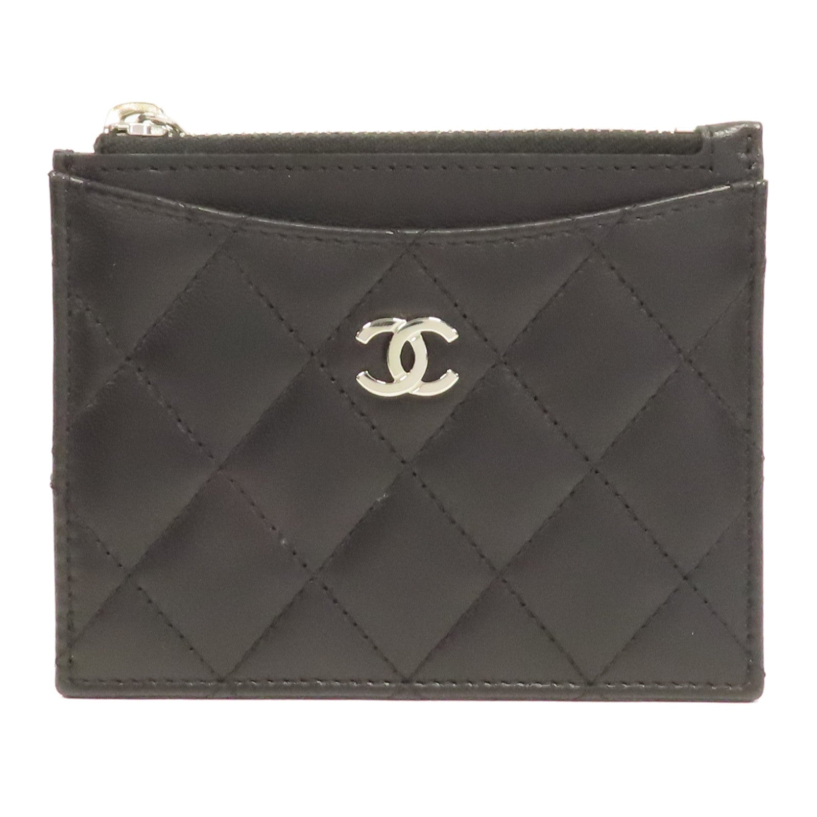 CHANEL 菱格羊皮皮革Card Case銀扣卡片套黑色