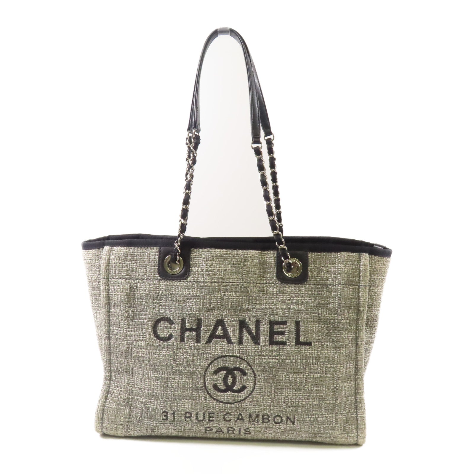CHANEL 帆布Deauville Tote Bag銀扣肩背袋