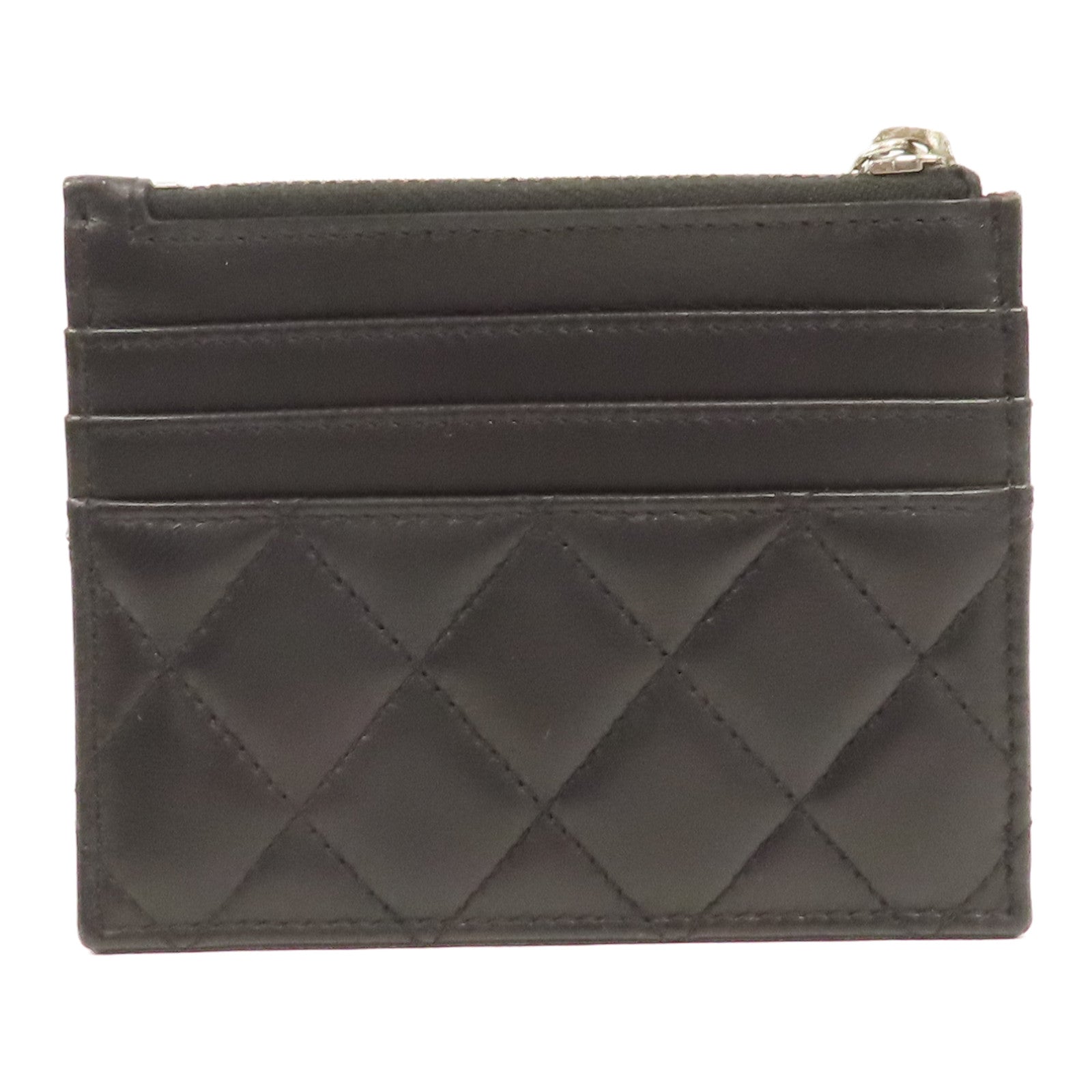 CHANEL 菱格羊皮皮革Card Case銀扣卡片套黑色