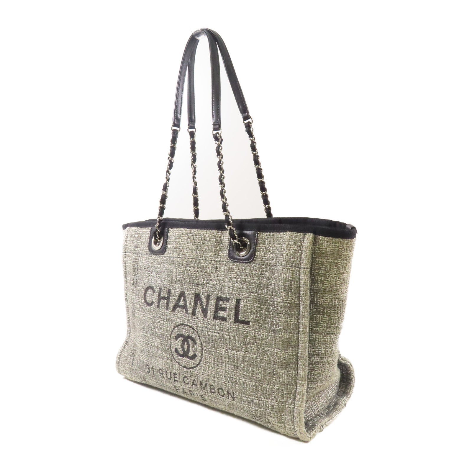 CHANEL 帆布Deauville Tote Bag銀扣肩背袋