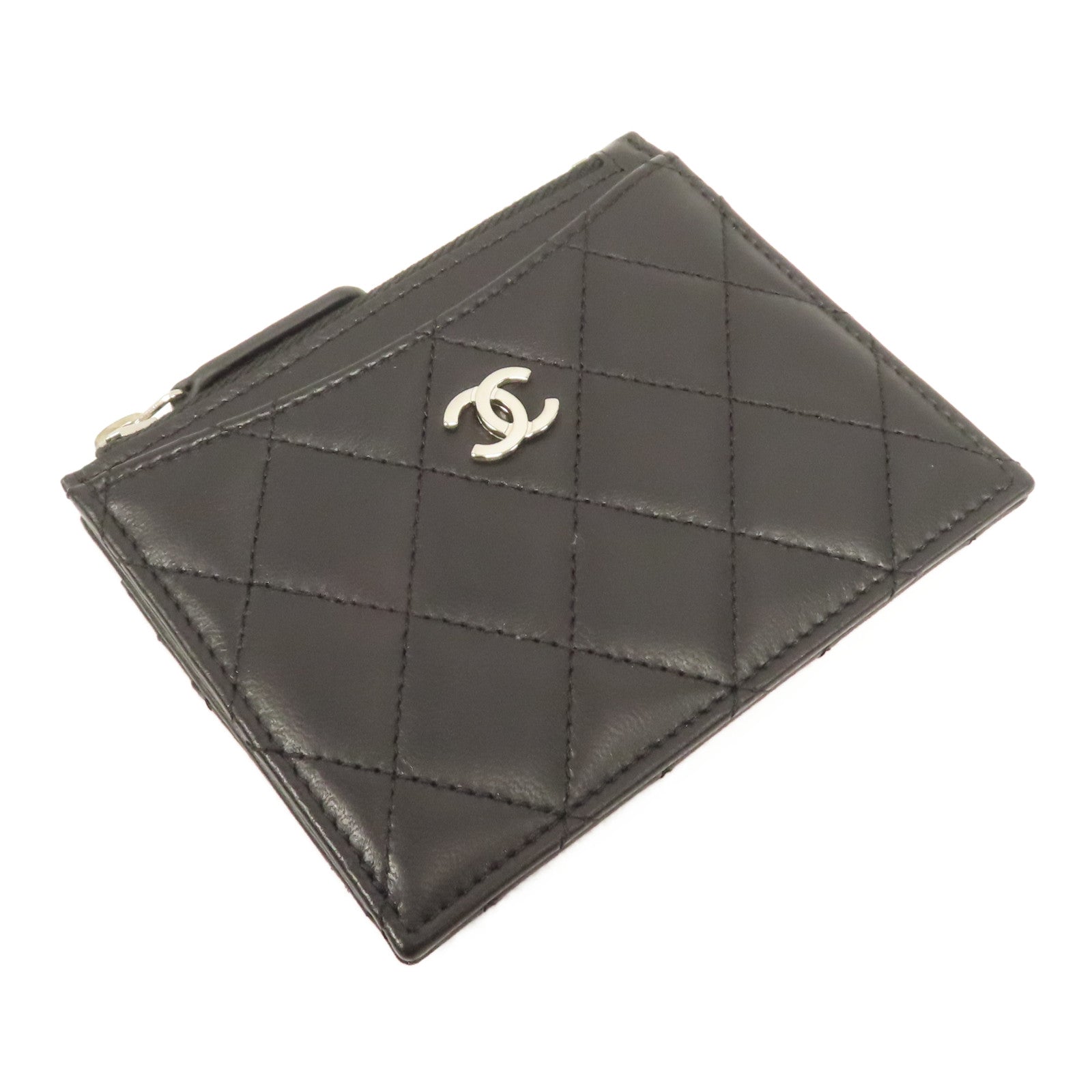 CHANEL 菱格羊皮皮革Card Case銀扣卡片套黑色