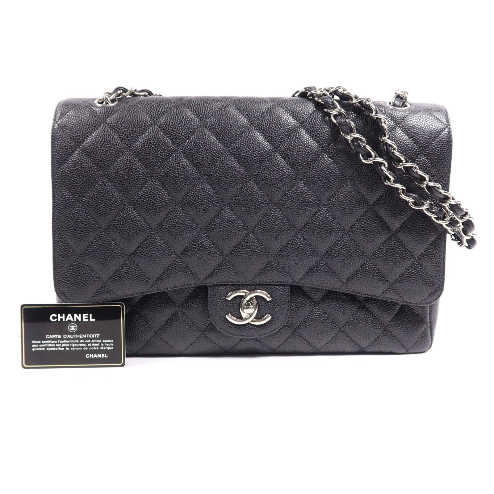 CHANEL 牛皮皮革Maxi Classic銀扣鏈帶肩背袋