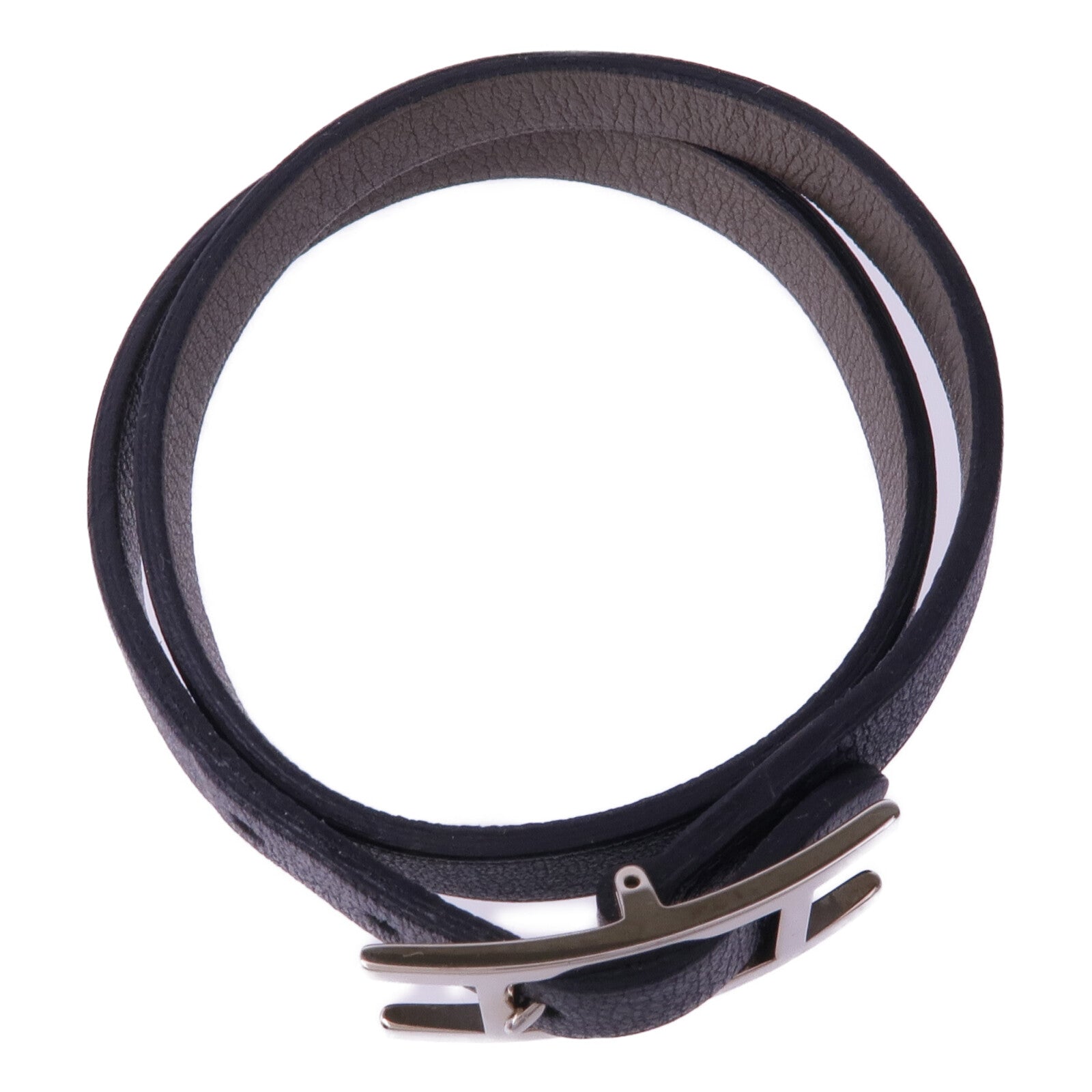 HERMES Swift皮革Behapi Double Tour銀扣手帶Noir/Gris Etain