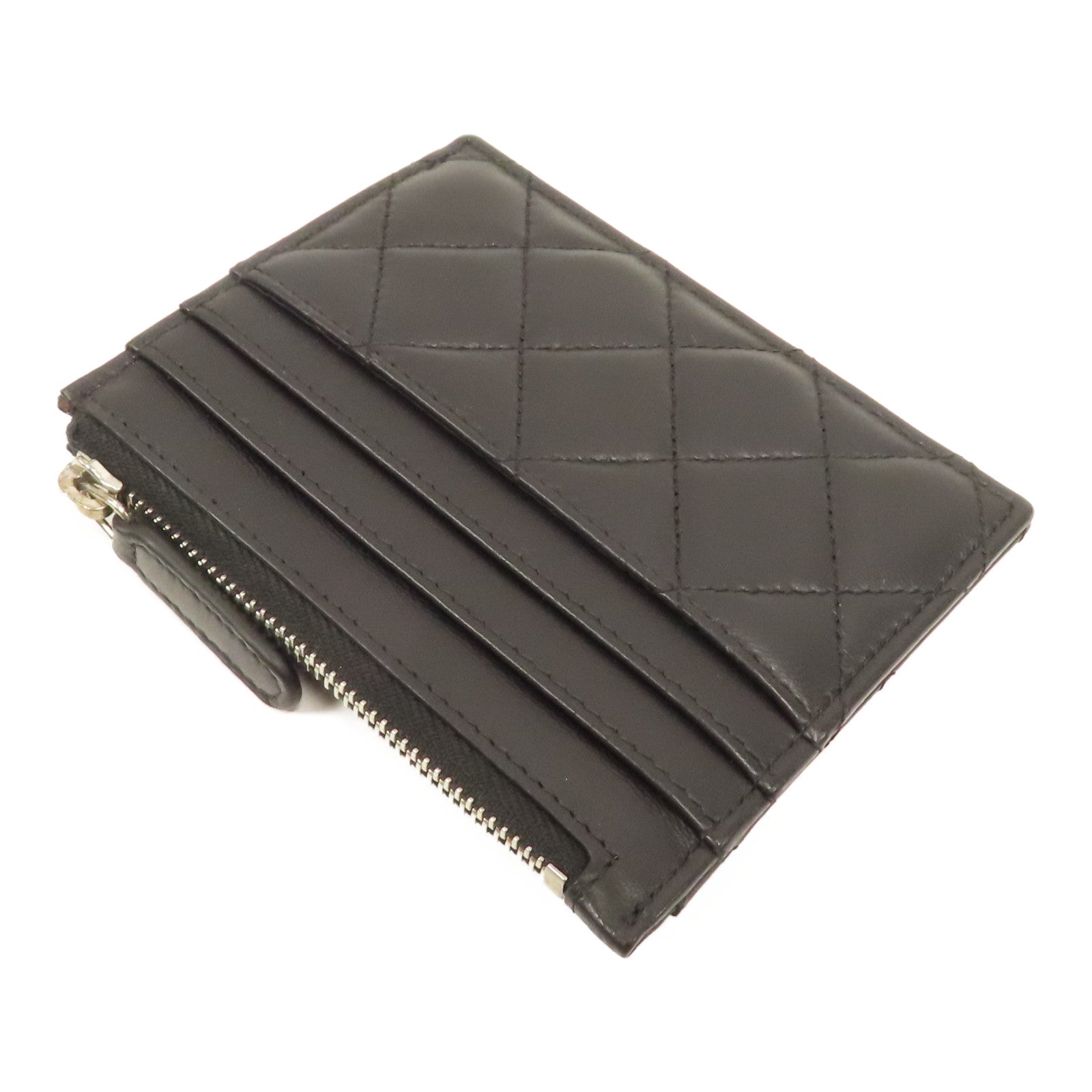 CHANEL 菱格羊皮皮革Card Case銀扣卡片套黑色