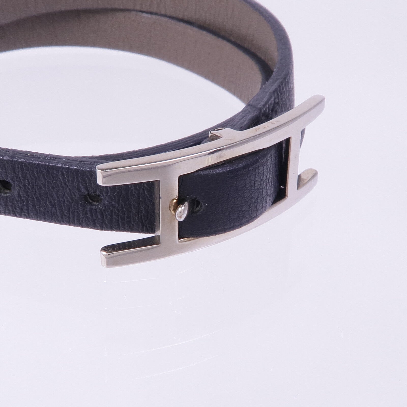 HERMES Swift皮革Behapi Double Tour銀扣手帶Noir/Gris Etain