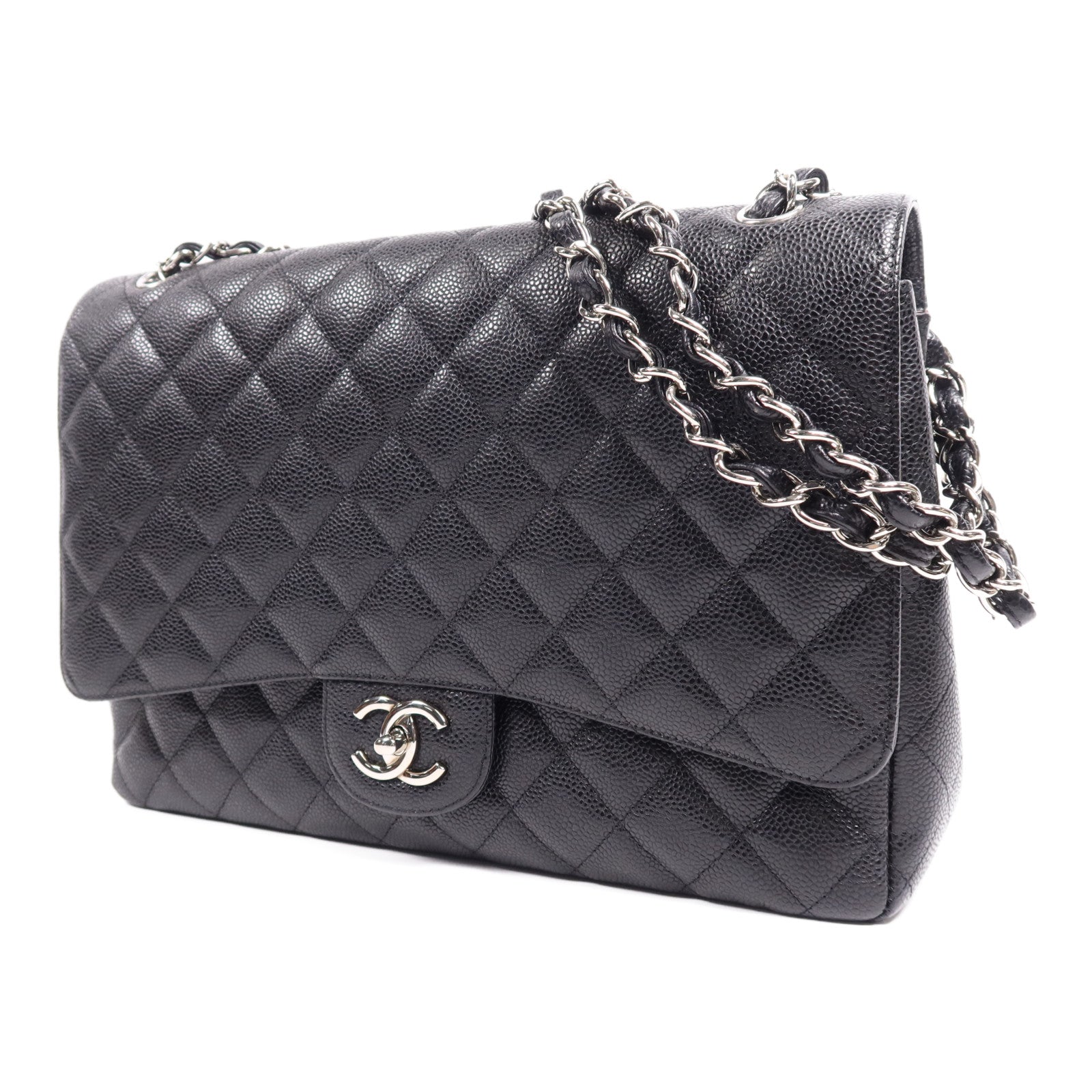 CHANEL 牛皮皮革Maxi Classic銀扣鏈帶肩背袋