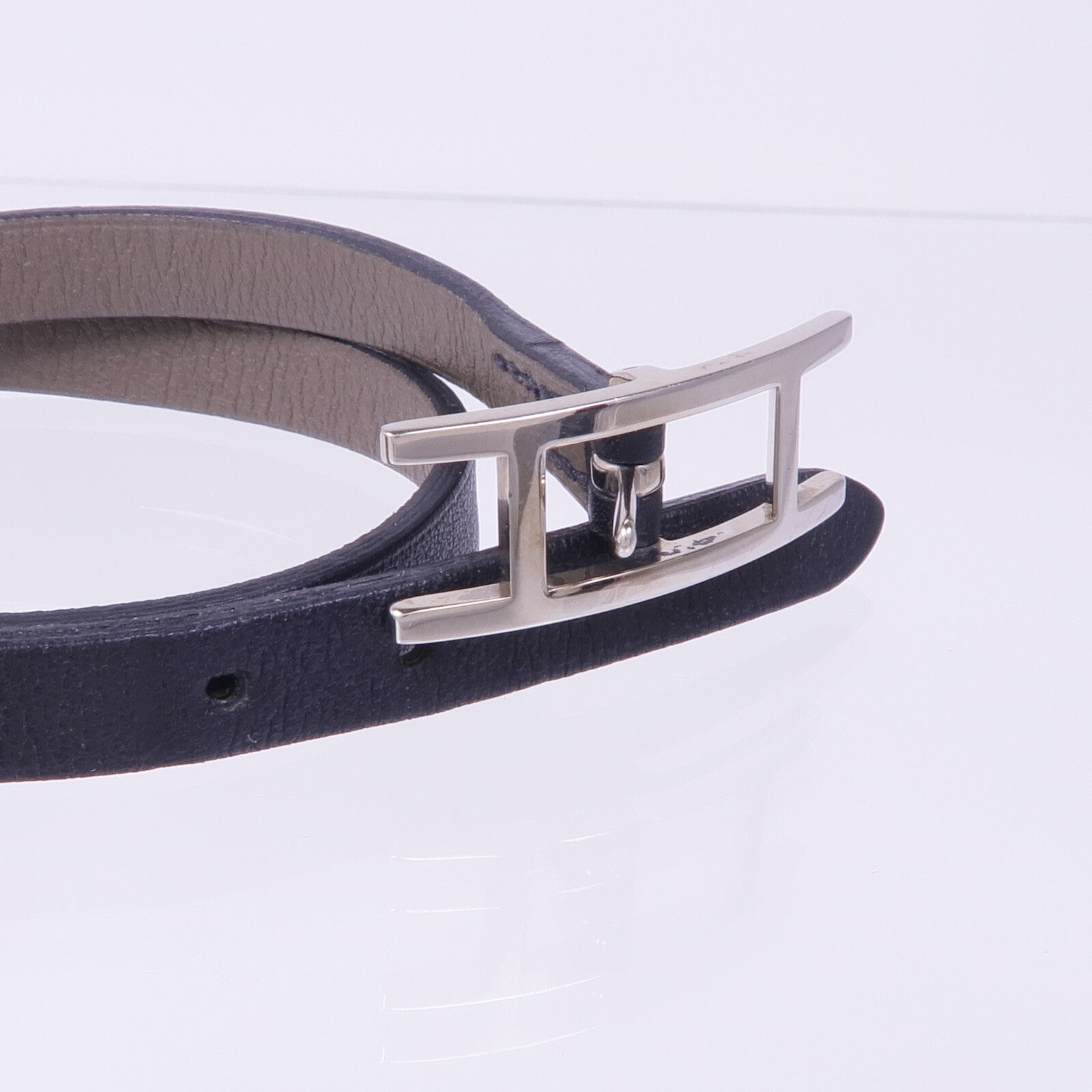 HERMES Swift皮革Behapi Double Tour銀扣手帶Noir/Gris Etain