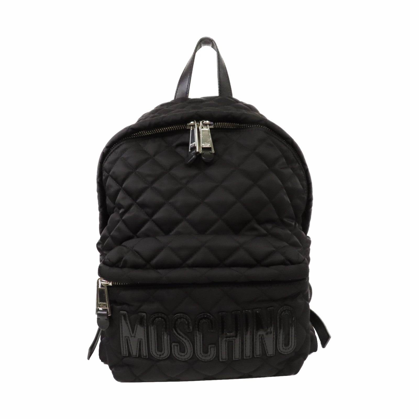 MOSCHINO 菱格帆布Backpack銀扣背包黑色