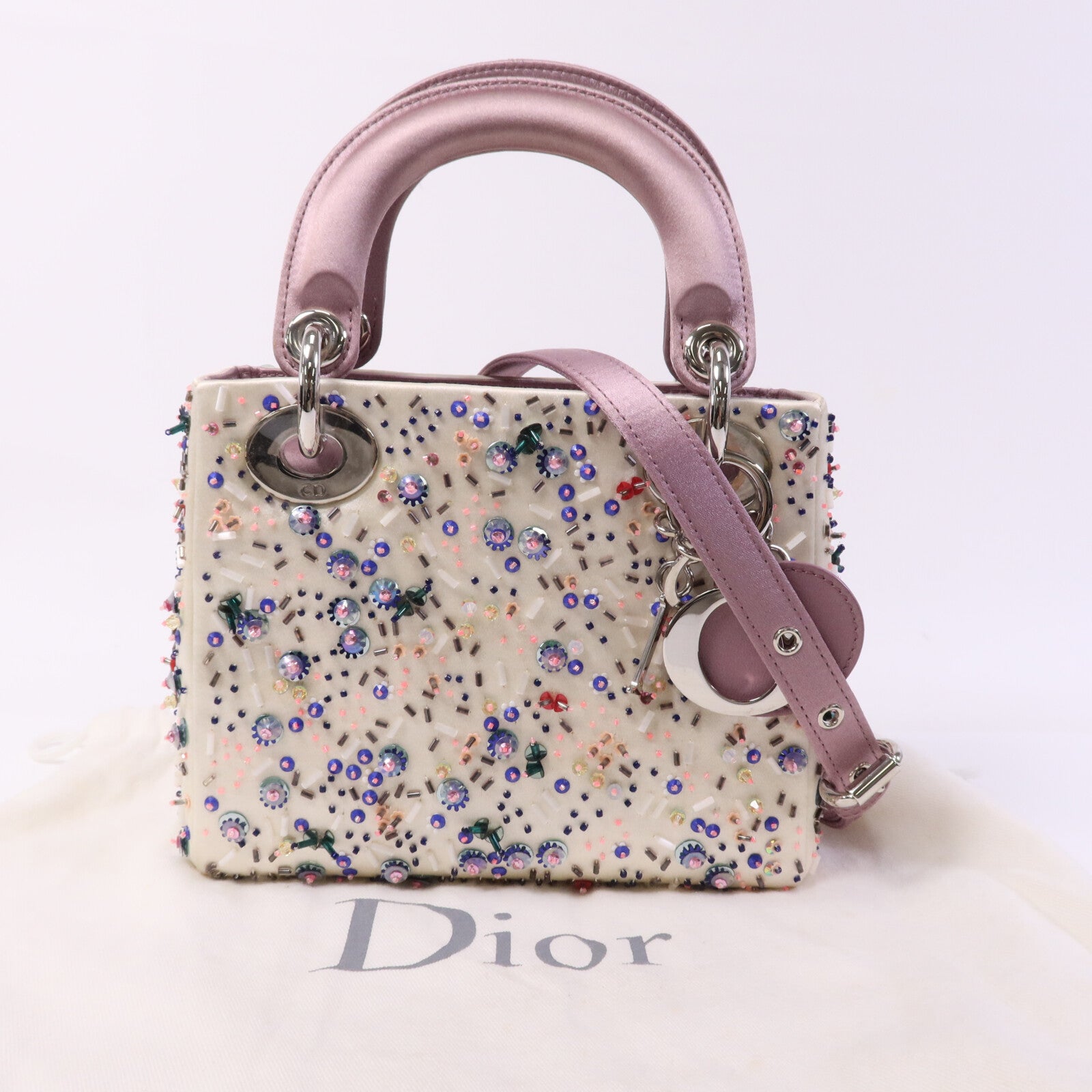 Dior 絨布/膠珠Mini Lady Dior銀扣手挽袋