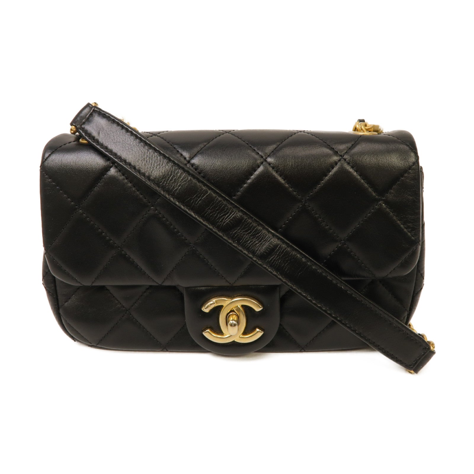 CHANEL 菱格牛皮皮革Chain Shoulder Bag金扣鏈帶肩背袋黑色