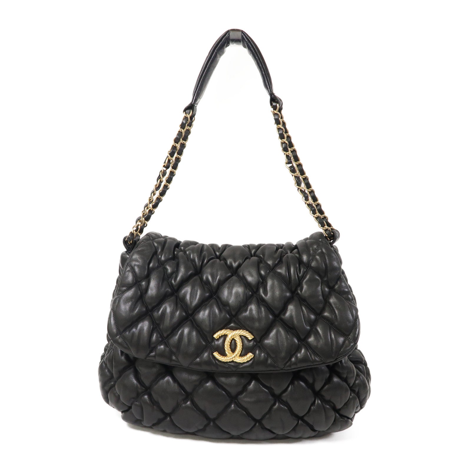 CHANEL 菱格牛皮皮革Chain Shoulder金扣鏈帶肩背袋黑色